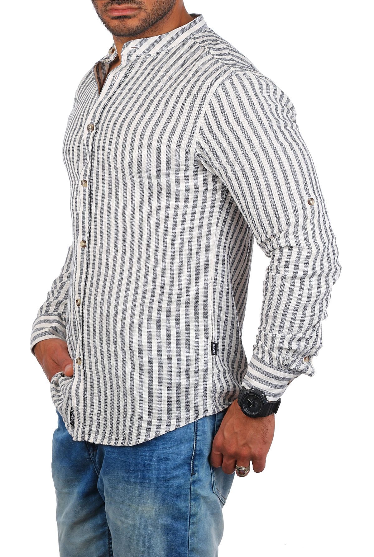 CARISMA Langarmhemd Herren Hemd trendig luftig grob gewebt retro Look 8607 Regular Langarm Stehkragen Gestreift