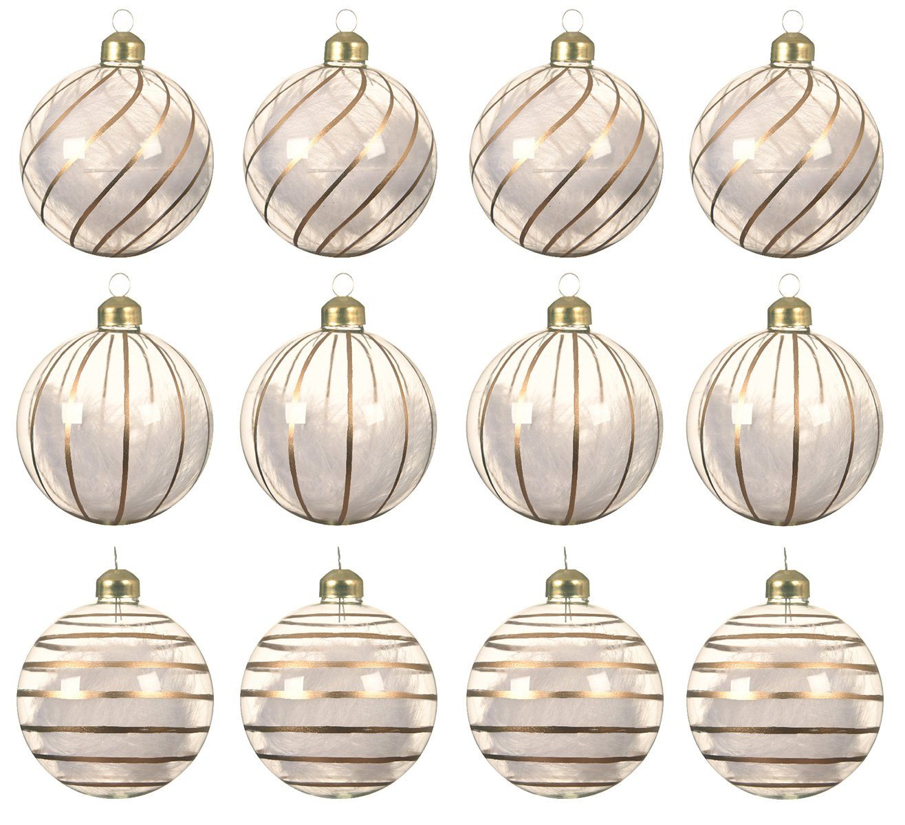 Decoris season decorations Weihnachtsbaumkugel, Weihnachtskugeln Glas 8cm mit Streifen / Federn gefüllt 12er Set klar