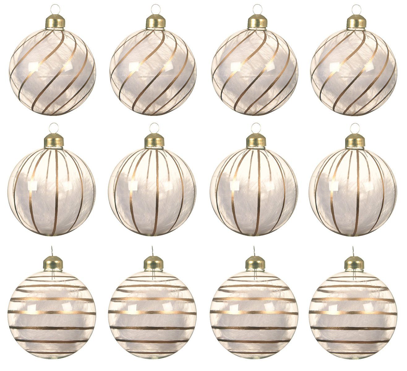 Kaemingk Weihnachtsbaumkugel, Weihnachtskugeln Glas 8cm mit Streifen / Federn gefüllt 12er Set klar