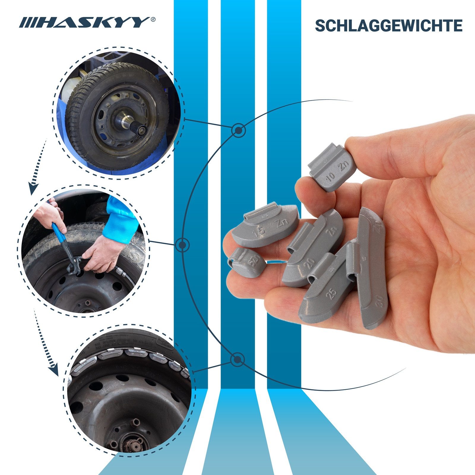 HASKYY Reifenmontagemaschine Schlaggewichte 225 tlg. Set SILBER Auswuchtgewichte 5-30g für Stahlfel