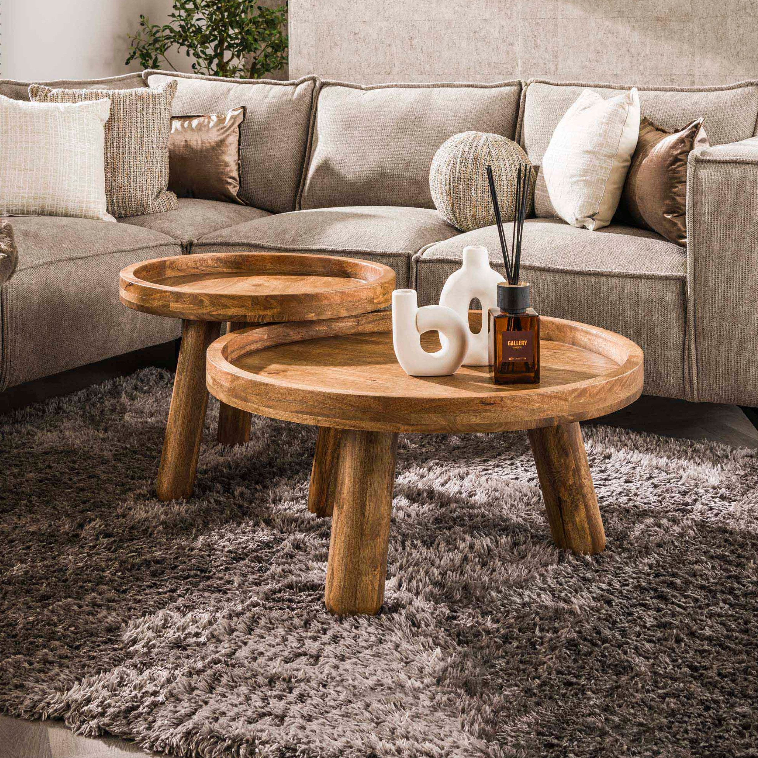 alesvelt Couchtisch TIVOLI BORDO Massive Tripod-Satztische mit Tablett-Optik (2-er Set), 60x47cm 80x41cm Mangoholz