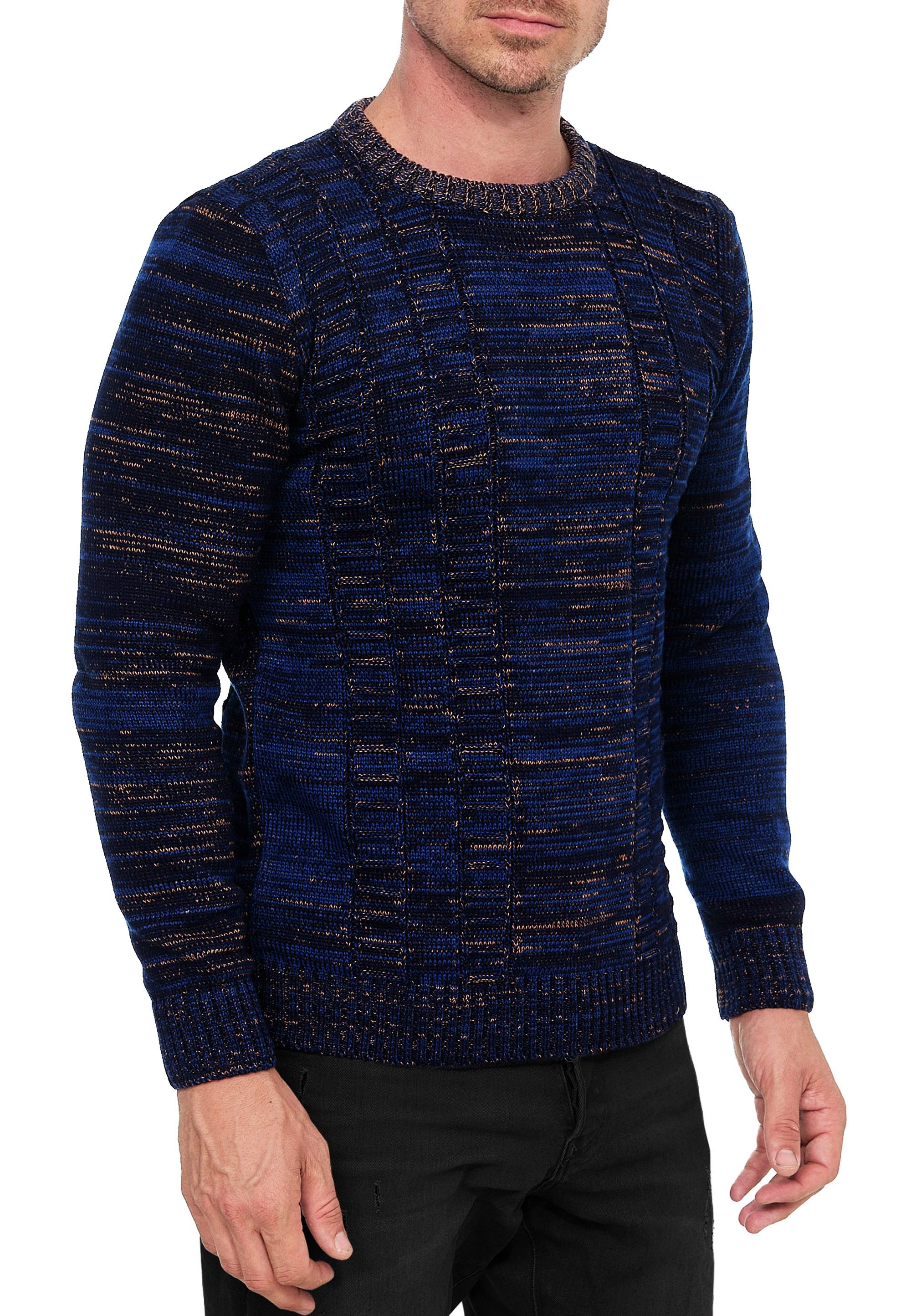 Rundhalspullover Grobstrick Pullover mit Kontrastfarben Rundhals Strickpullover