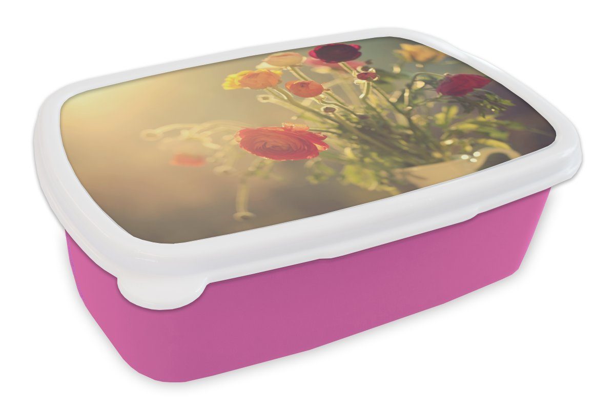 MuchoWow Lunchbox Blumenstrauß aus bunten Butterblumen, Kunststoff, (2-tlg), Brotbox für Erwachsene, Brotdose Kinder, Snackbox, Mädchen, Kunststoff rosa