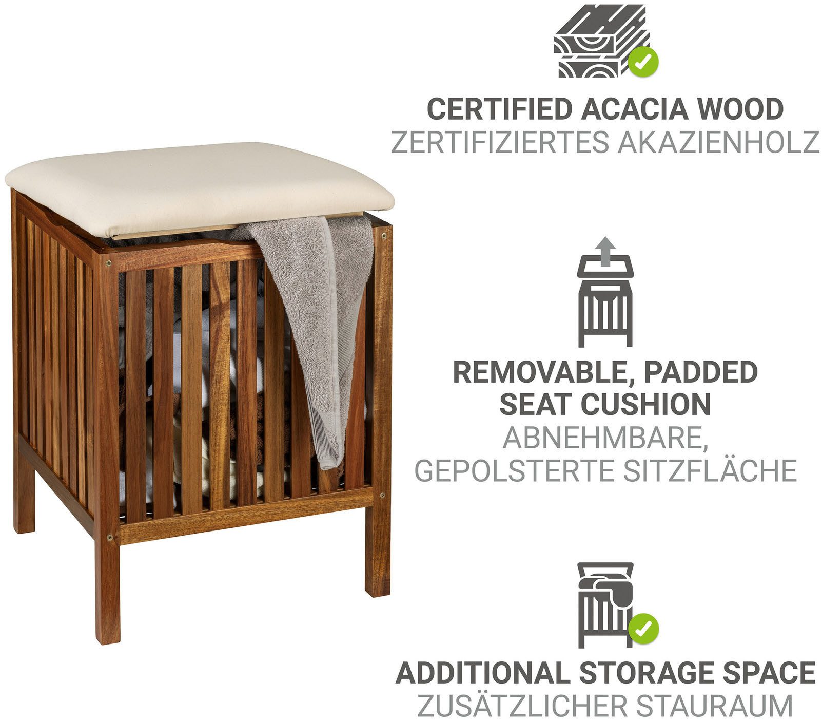 WENKO Hocker Fondi, gepolstert, aus Akazienholz, ideal zur Wäscheaufbewahrung