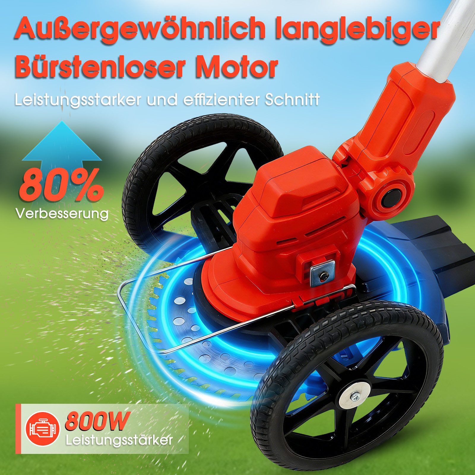 OUTIGO Akku-Rasentrimmer, Wiederaufladbarer, Akku-Rasentrimmer mit 2* 4000mAh, Rädern, 2-in-1-Rasenmäher Kantenschneider, 3 Arten Klingen, Teleskop-Stiel