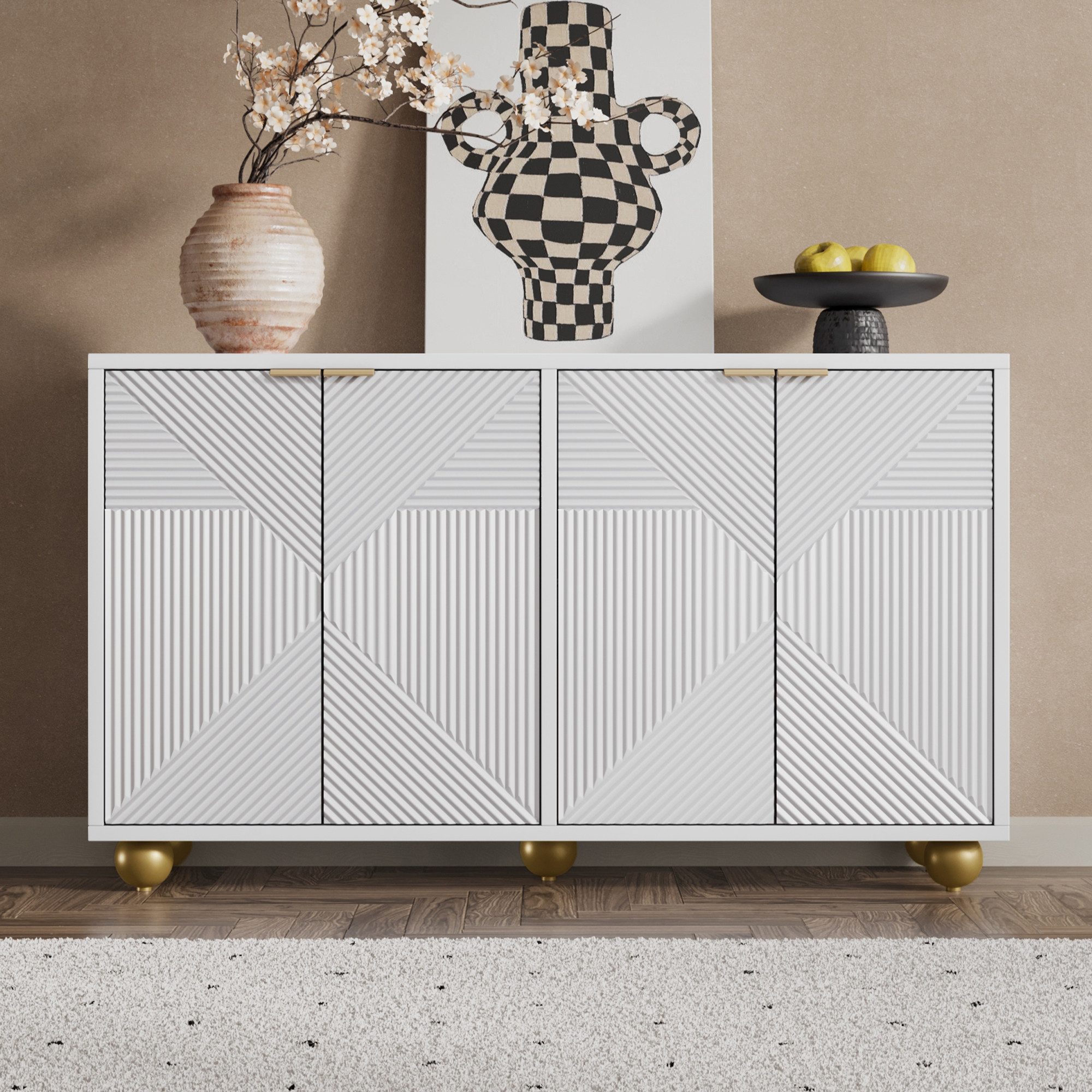 Merax Sideboard mit gravierten Türen & goldenen Akzenten (120x35x71,5 cm, 1 günstig online kaufen