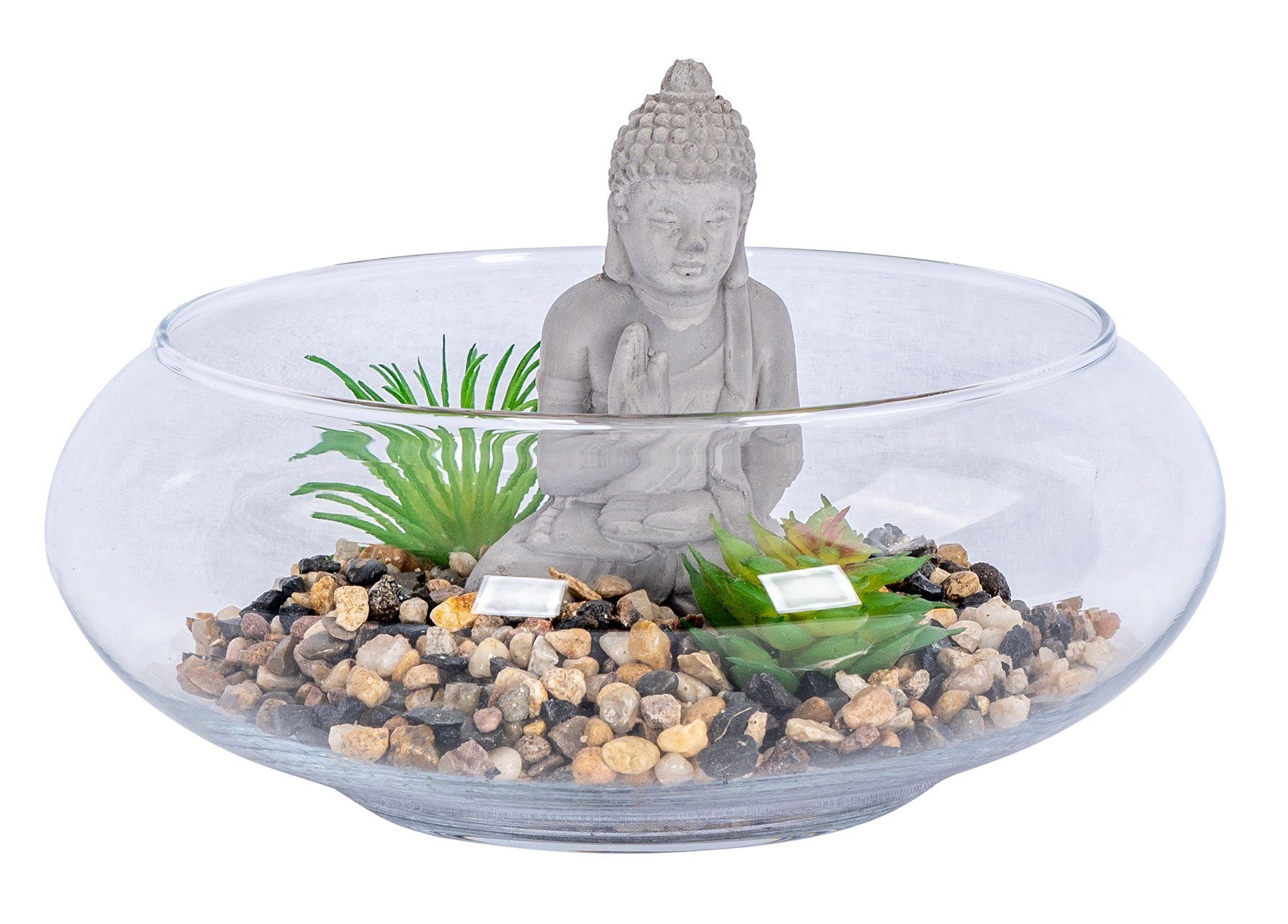 Levandeo® Dekoobjekt, Deko-Schale D20cm Buddha Figur Grüne Sukkulente Glas Kunstpflanze