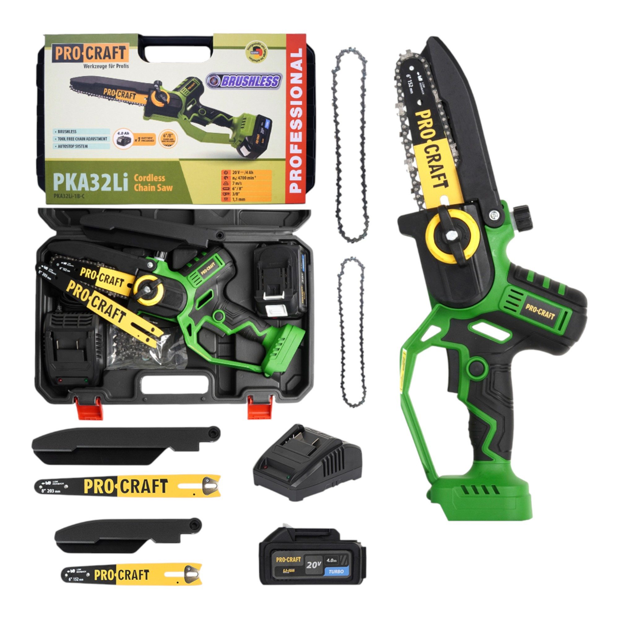 PRO CRAFT Akku-Kettensäge PKA32Li 20 V 203 mm Brushless + 1x Akku 4,0 Ah + Ladegerät + Koffer