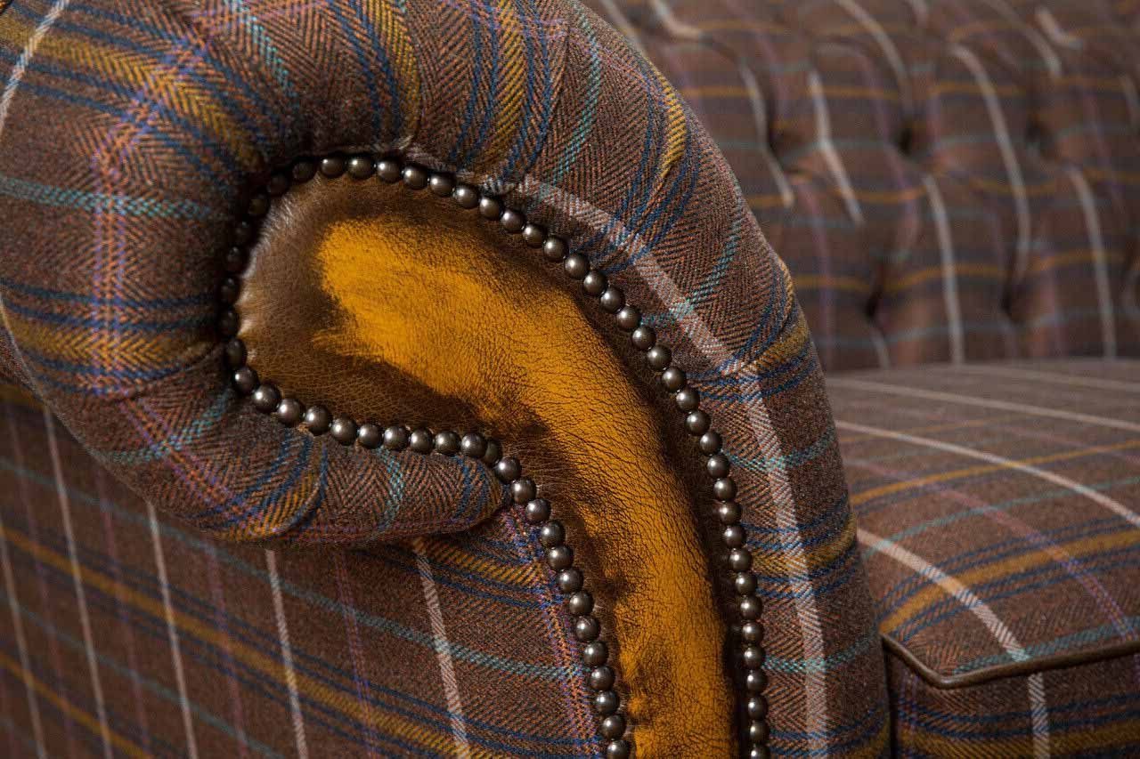 AUS Chesterfield-Sofa CHESTERFIELD-WOLLE BRAUNEM JVmoebel FISCHGRÄT-TWEED 3-SITZER-SOFA UND