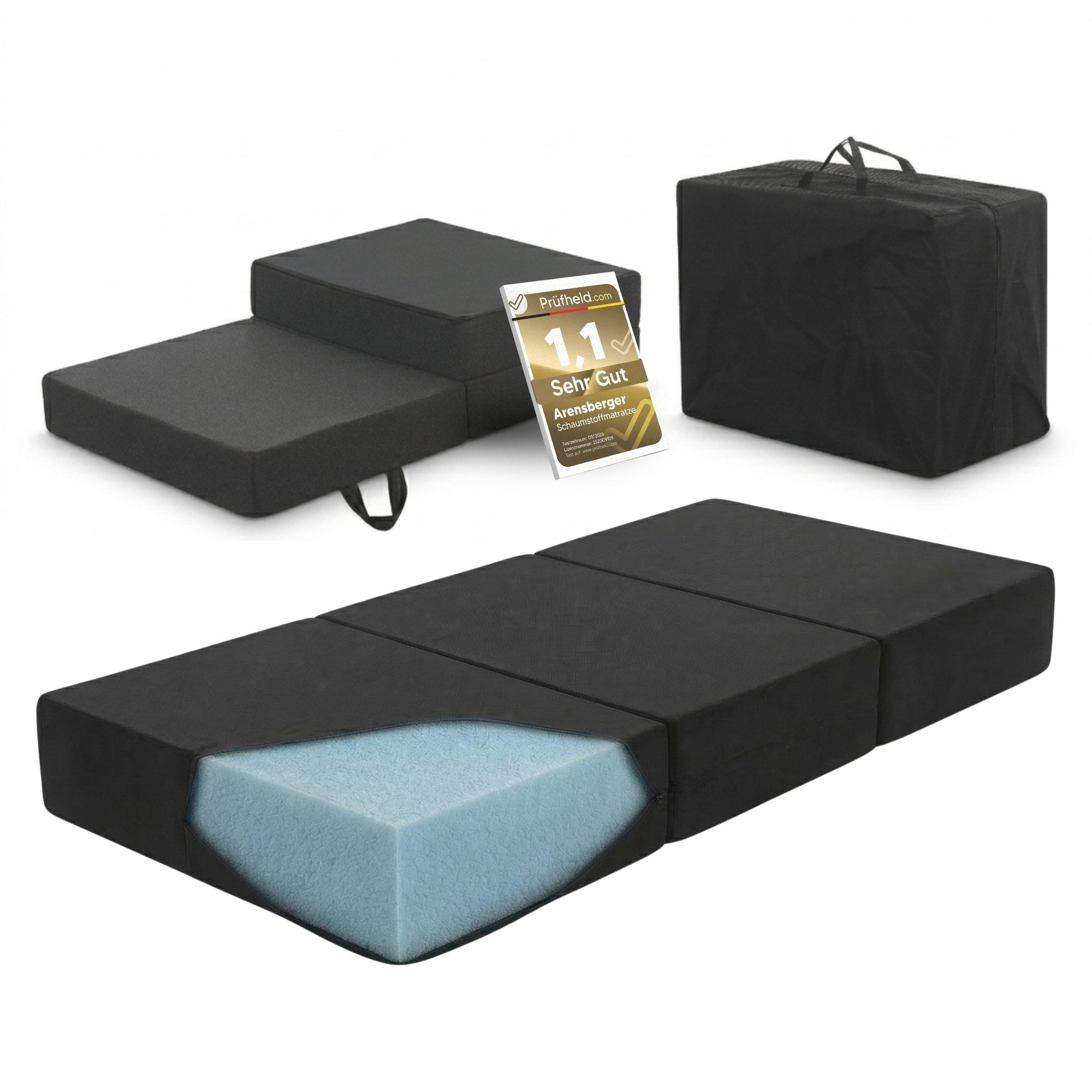 Klappmatratze Gästematratze klappbar faltbar, AMALIA, Gästebett Klappmatratze, Arensberger, 16 cm hoch, (75x200 cm), 16cm hoch mit NANOCELL® Gelschaum, mit Transporttasche, 75x200 cm