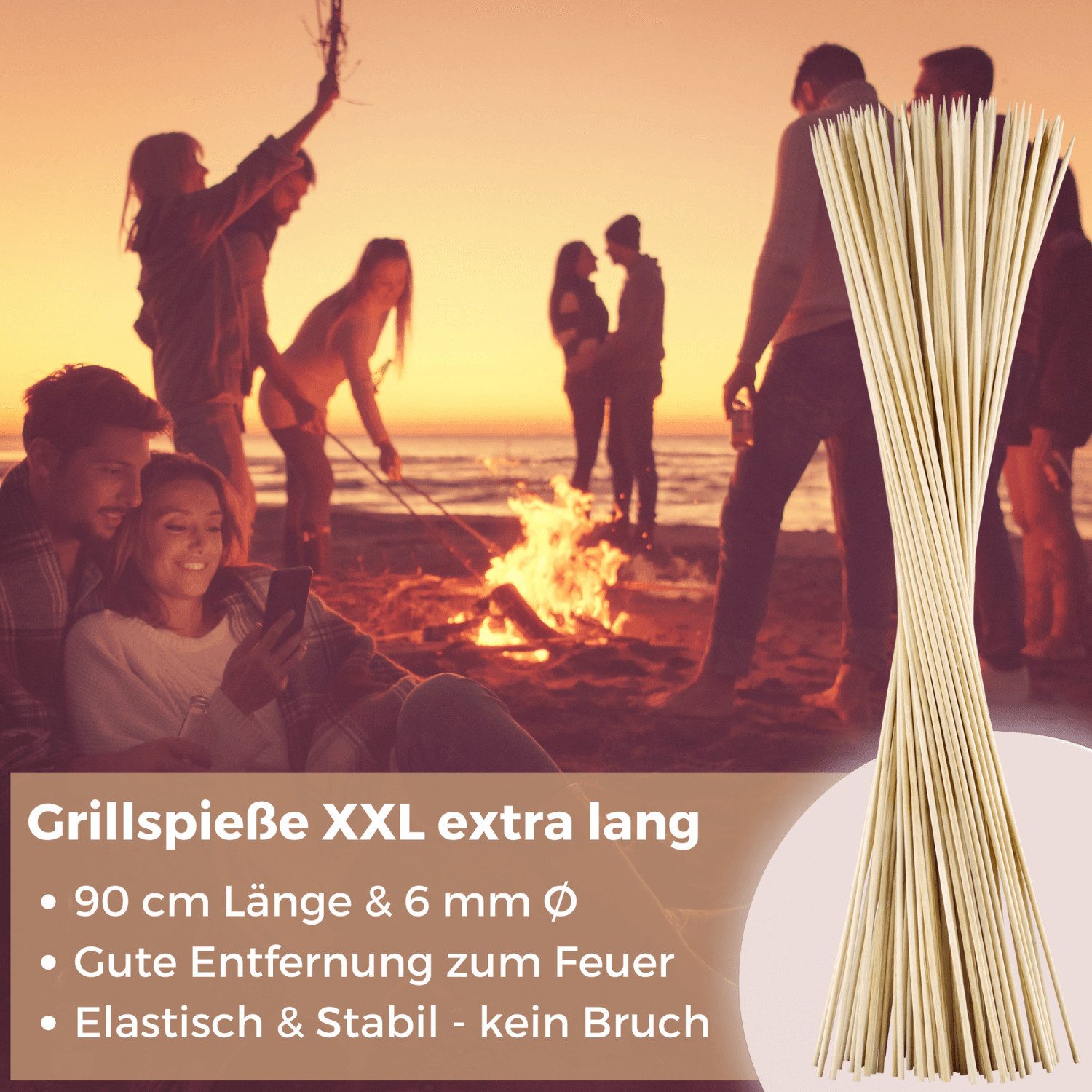 satis Lagerfeuer-Grillspieß satis 100 Stockbrot Spieße Bambus 90cm Marshmallow lebensmittelecht (100-St), Feuerschale, kindersicher, splitterfrei, lebensmittele – Bild 2 von 5