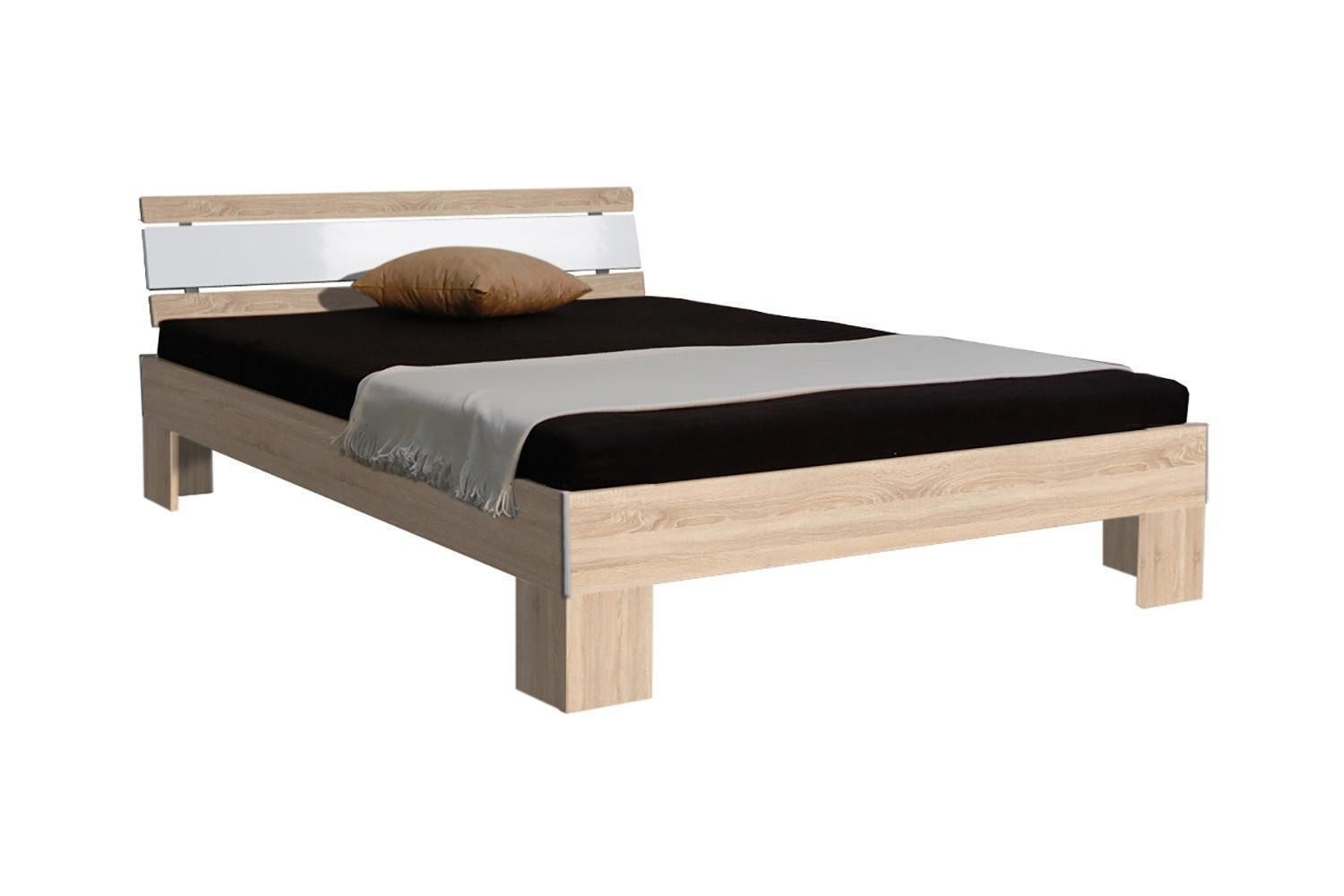 Pol-Power Bettgestell JASPER, Eiche Sonoma Dekor, Weiß glänzend, B 145 x H 85 x T 216 cm