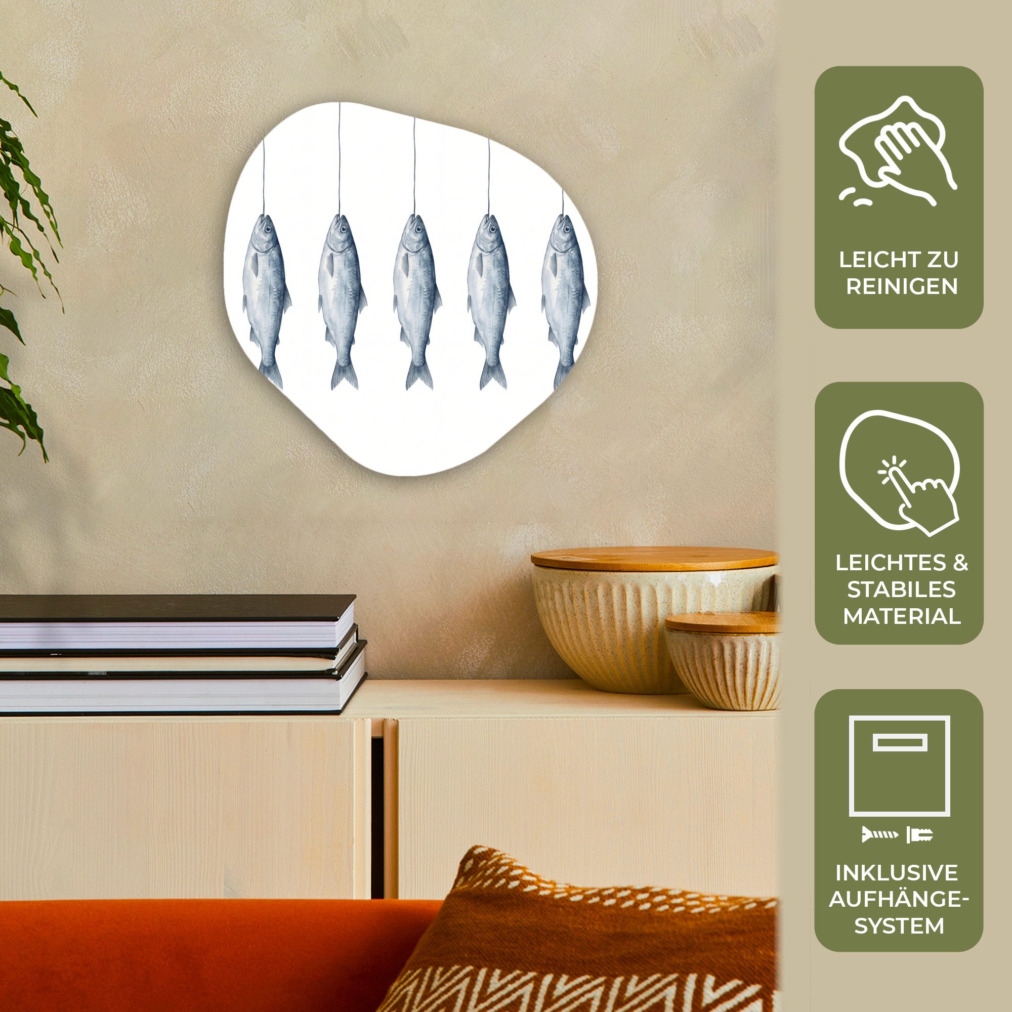 MuchoWow Gemälde Fisch - Illustration - Delfter Blau, Fotodruck (1 St), Wandbild Abstrakt, Wohnzimmer Schlafzimmer Wanddekoration, 40x40 cm