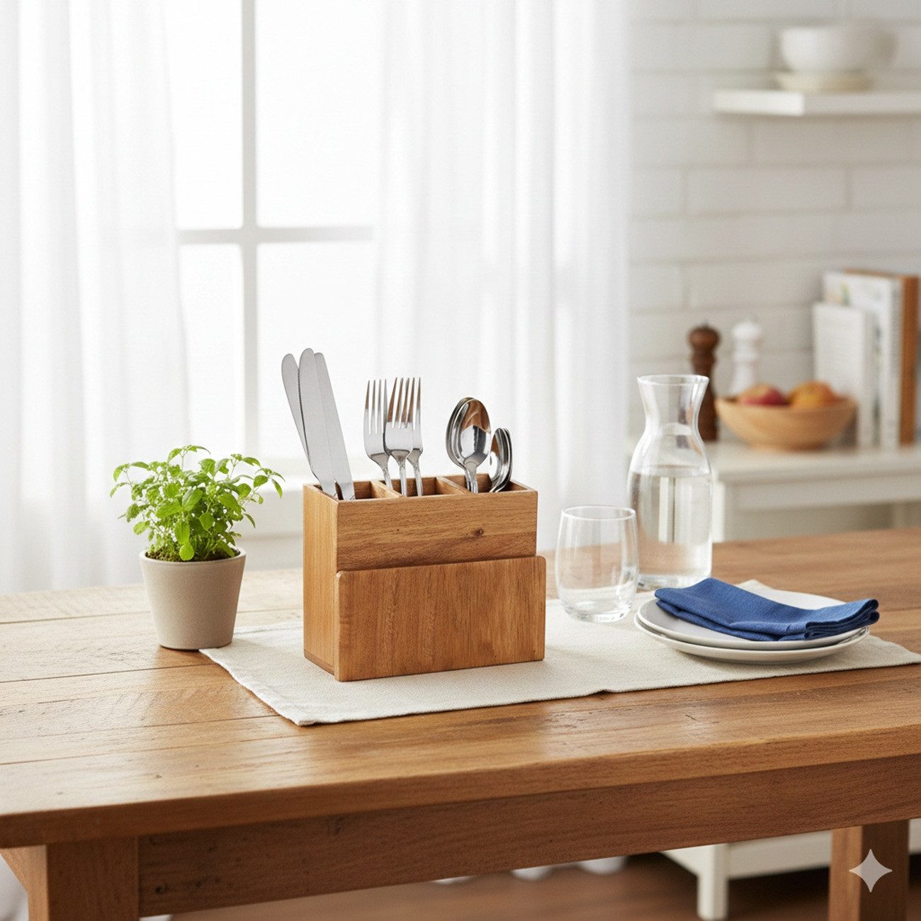 Cheffinger Besteckhalter aus Holz mit 3 Besteckfächern + Serviettenfach, für Küche & Garten, (1-tlg), für Küche & Garten