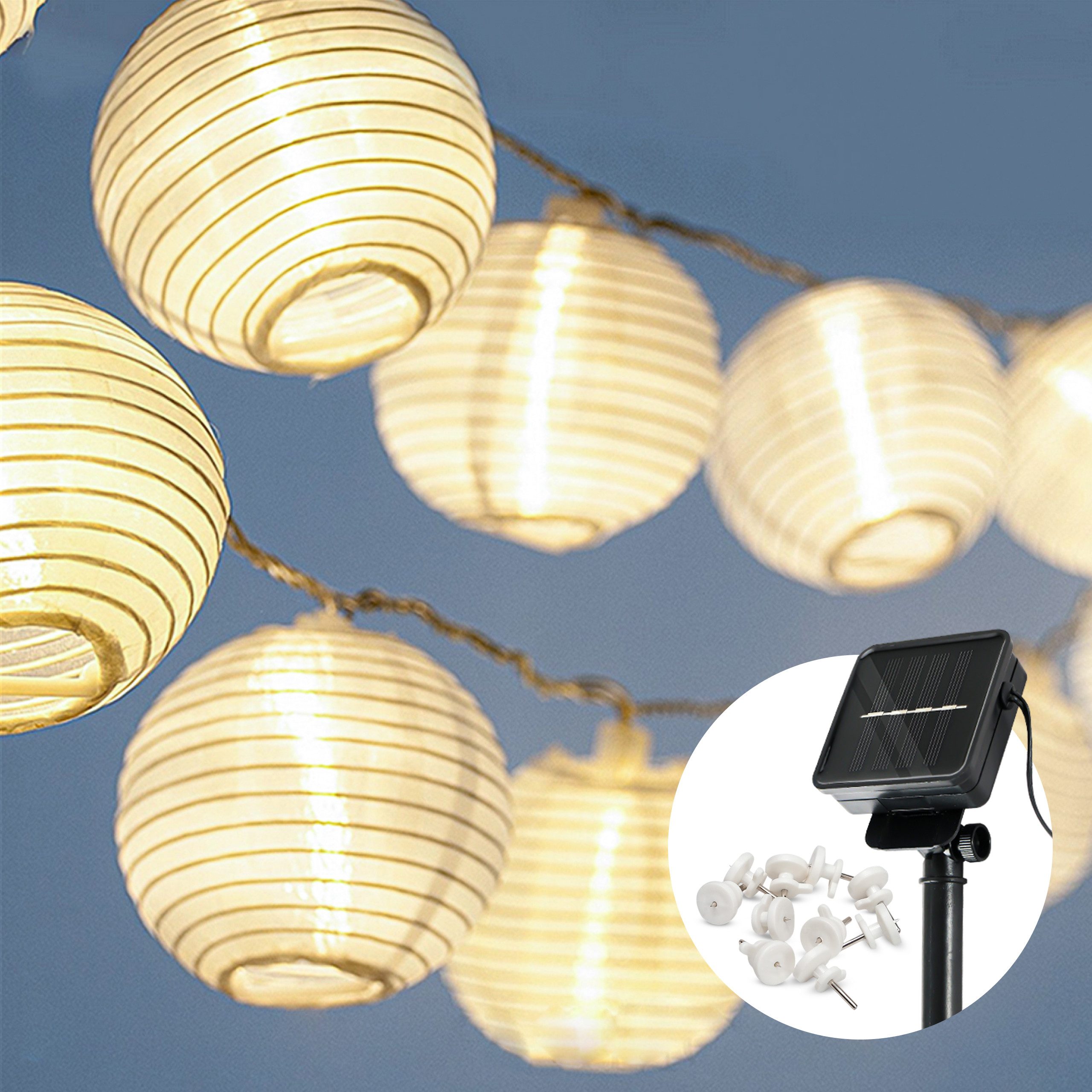 COZY HOME LED-Lichterkette Lampion Lichterkette - Batterie, Stecker und Solar, 20 Lampion LEDs I Timer-Funktion I 7 Meter mit 8 Mod I Wetterfest