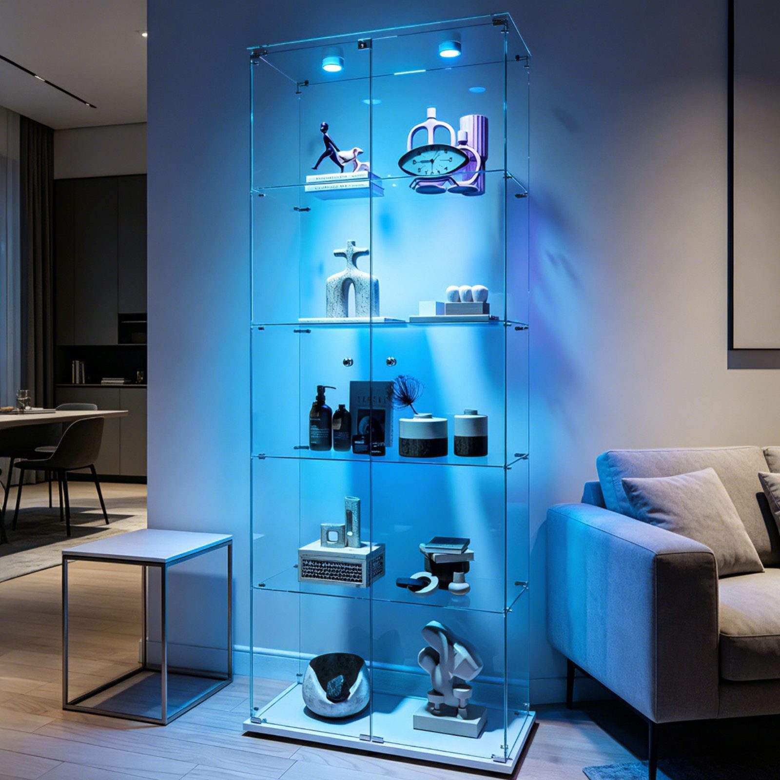 Simurq Glasvitrine Standvitrinen mit LED Beleuchtung Vitrinenschrank mit Glastür Sammlervitrine aus gehärtetes Glas,Modernes rahmenloses Design