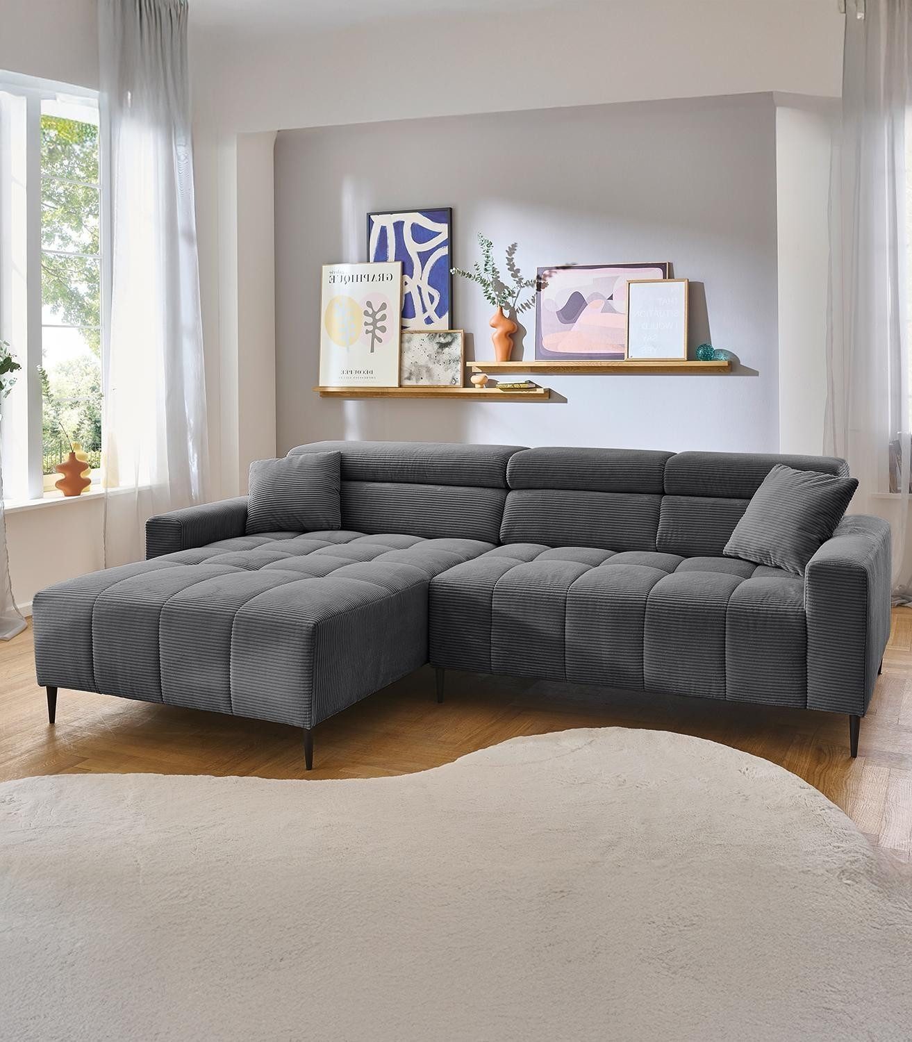 Iwaniccy Ecksofa SIMPLE, Grau, Cord, elektr. Sitztiefenverstellung, Kopftei günstig online kaufen