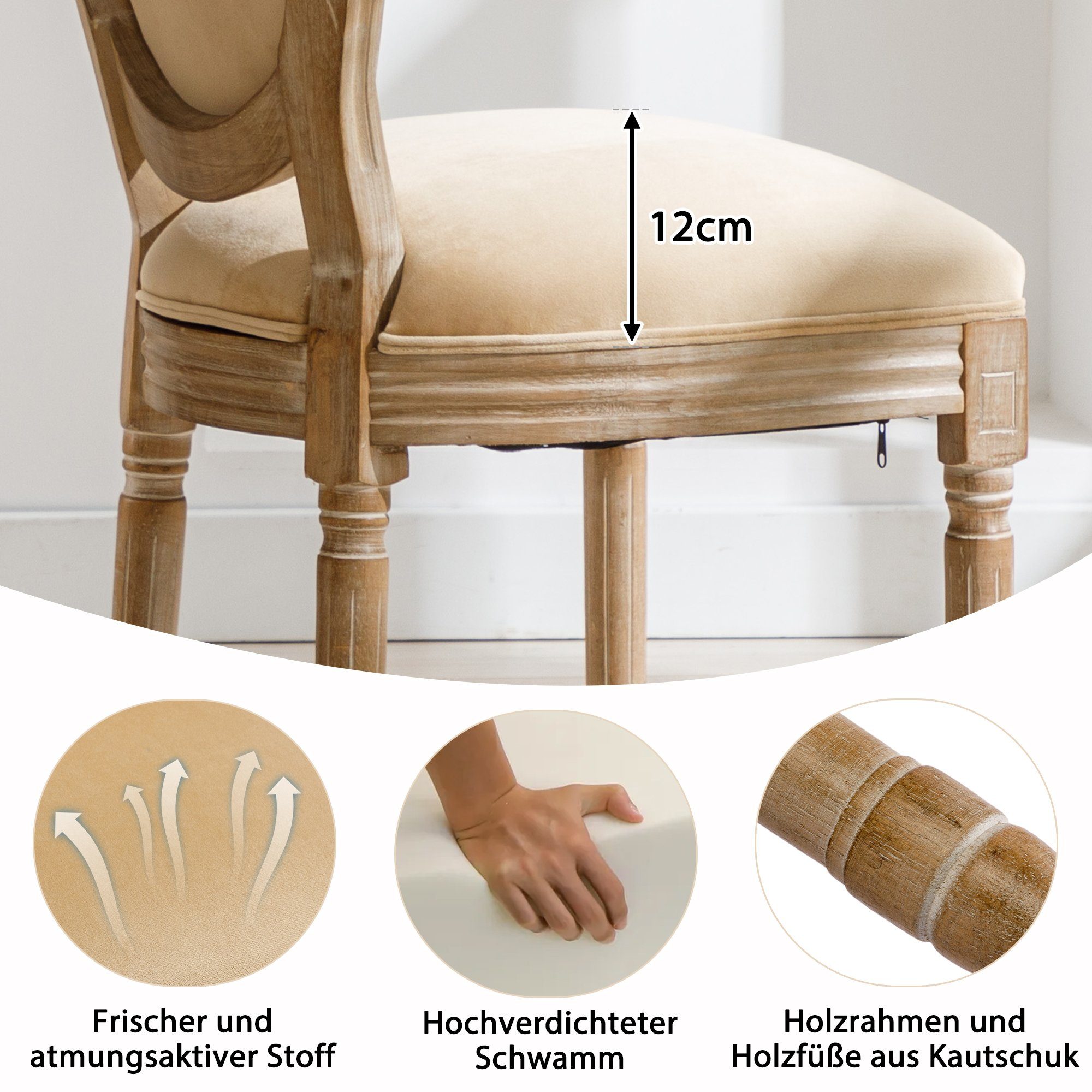 OKWISH Esszimmerstuhl (Beine aus Massivholz, St) gepolsterte aus Sitzfläche 2 beige, Samt