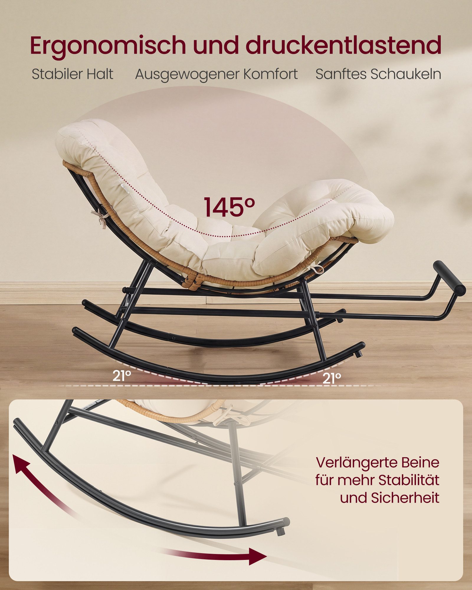 SONGMICS Schaukelsessel Schaukelstuhl, Relaxsessel, Stahlgestell, ausziehbare Fußstütze, abnehmbares Kissen, bis 136 kg, Schlaf-, Wohnzimmer, Terrasse, Garten – Bild 3 von 5