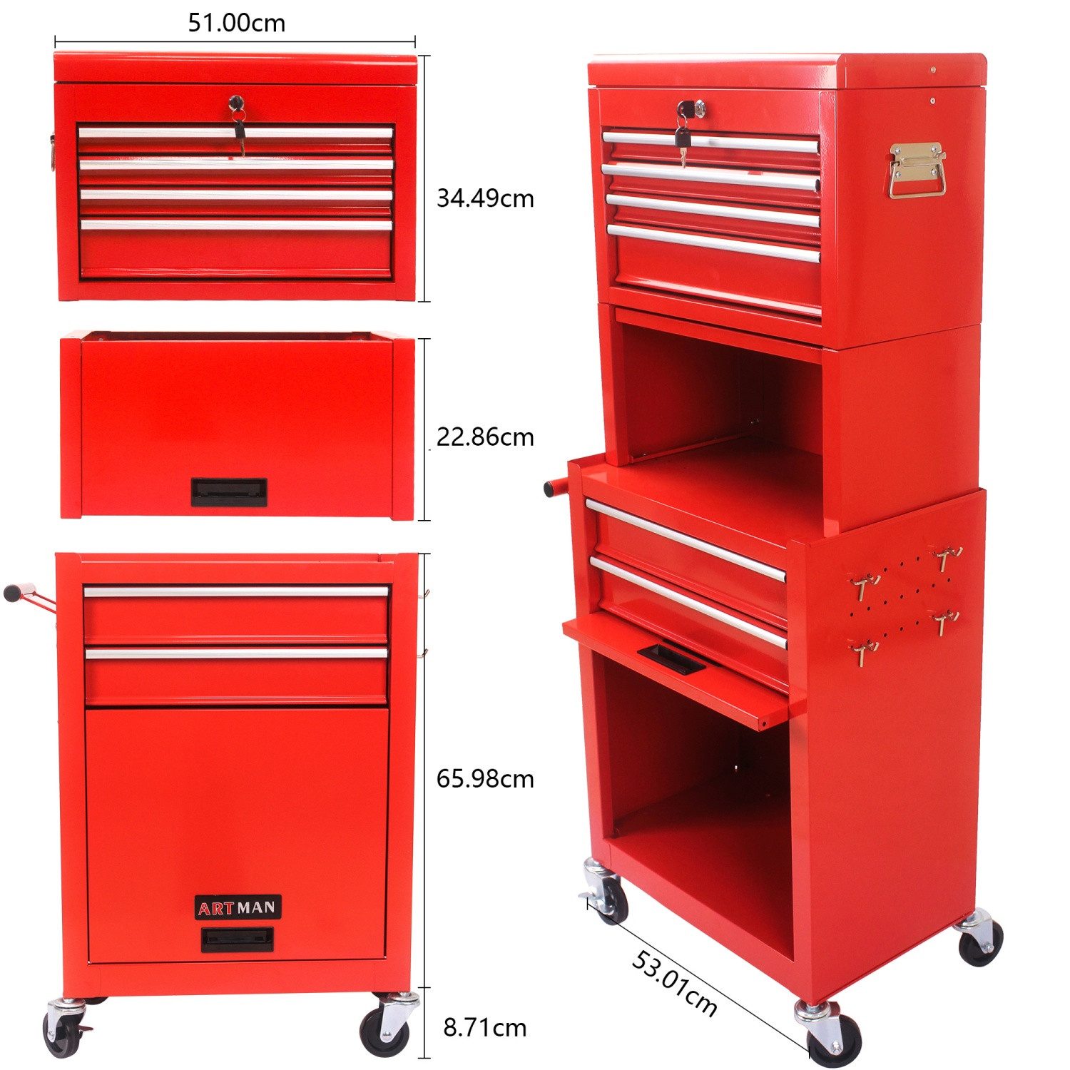 ANYSUN Werkzeugwagen 2 in 1 abnehmbarer Werkzeugkasten,Symbollschrank auf Rädern, Rot, max. Traglast:100 kg, (6-schalbeschaltbare Roll-Werkzeugkiste mit 4 Universalrädern), Werkzeugwagen leer,für Garage Workshop Reparaturwerkstatt