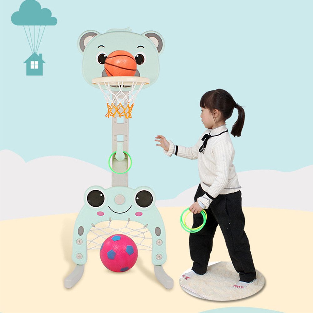JEOBEST Basketballkorb 3 in 1 Kinder Basketballständer mit Basketball Fußball Ring, Höhenverstellbarer, interaktives Lernspielzeug, Bärenform, Hellgrün