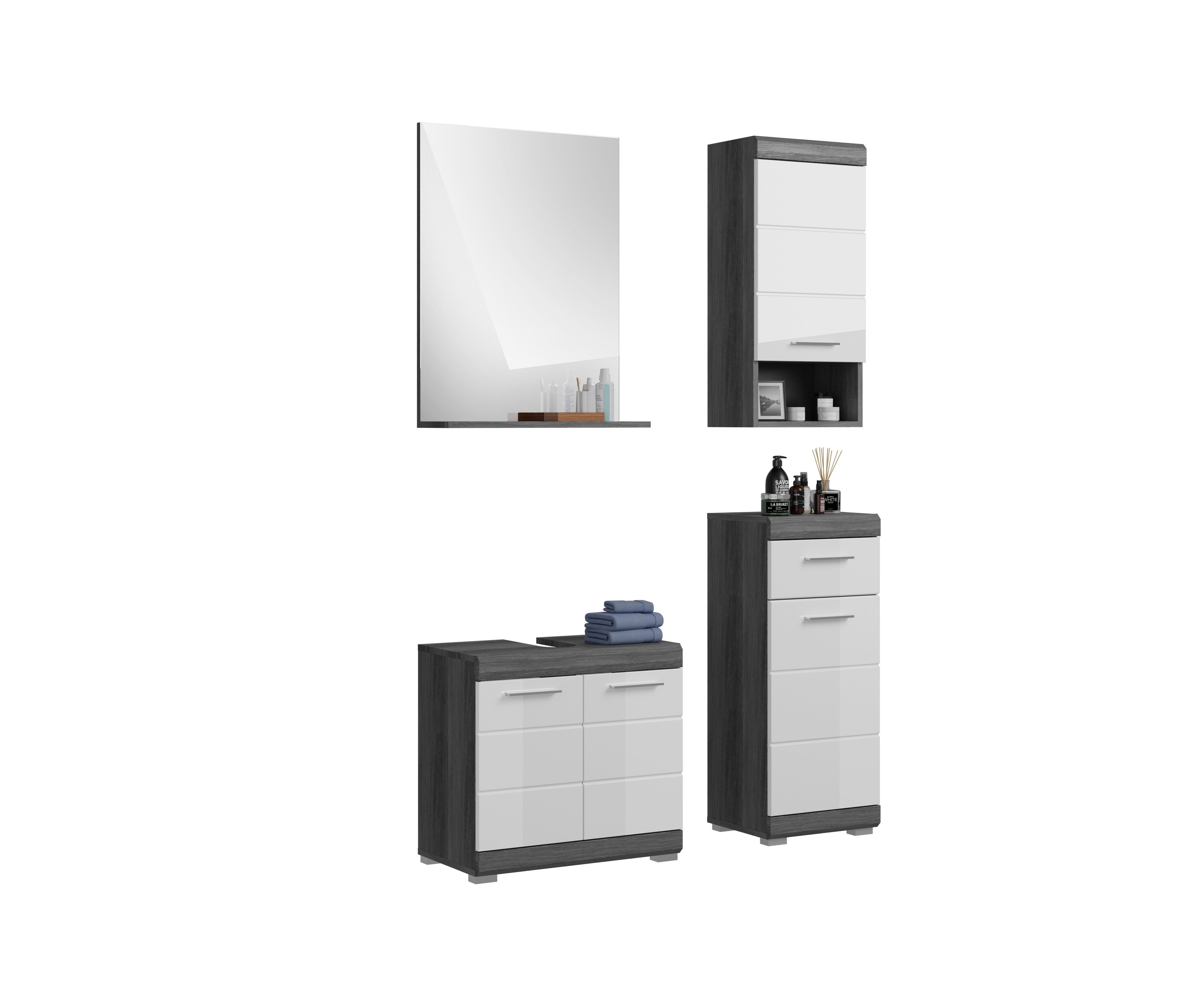 furnling Badmöbel-Set Scott, (4-St., bestehend aus Spiegel, Hängeschrank, Standschrank, WBU), Badmöbel, Badezimmermöbel, Komplett-Set, modern