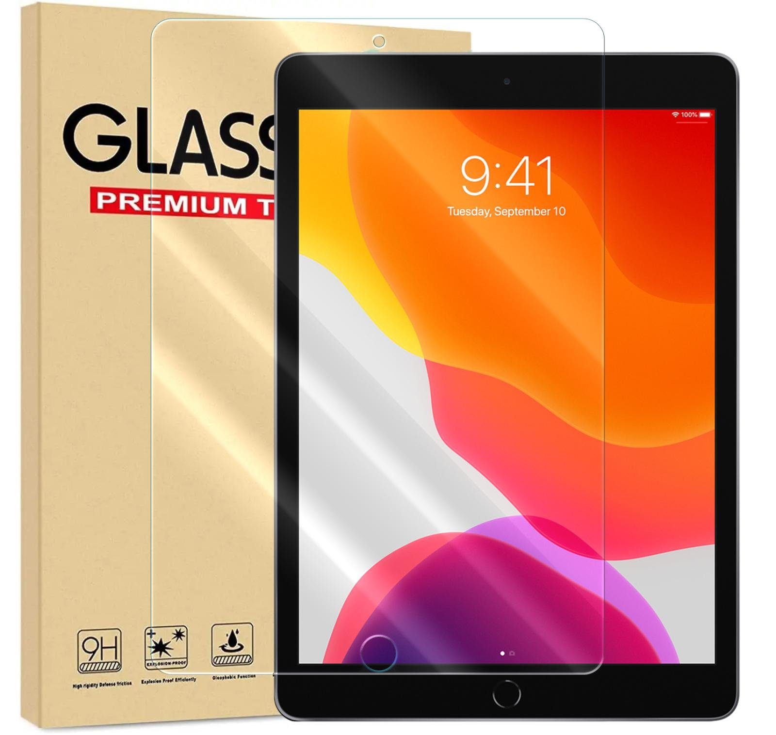 Numerva Schutzfolie Panzer Folie für Apple iPad 7 / 8 / 9, (Schutzfolie, 1x Schutzfolie 2x Reinigungstücher), Tablet Display Schutzglas Folie Echt Glas Folie 9H