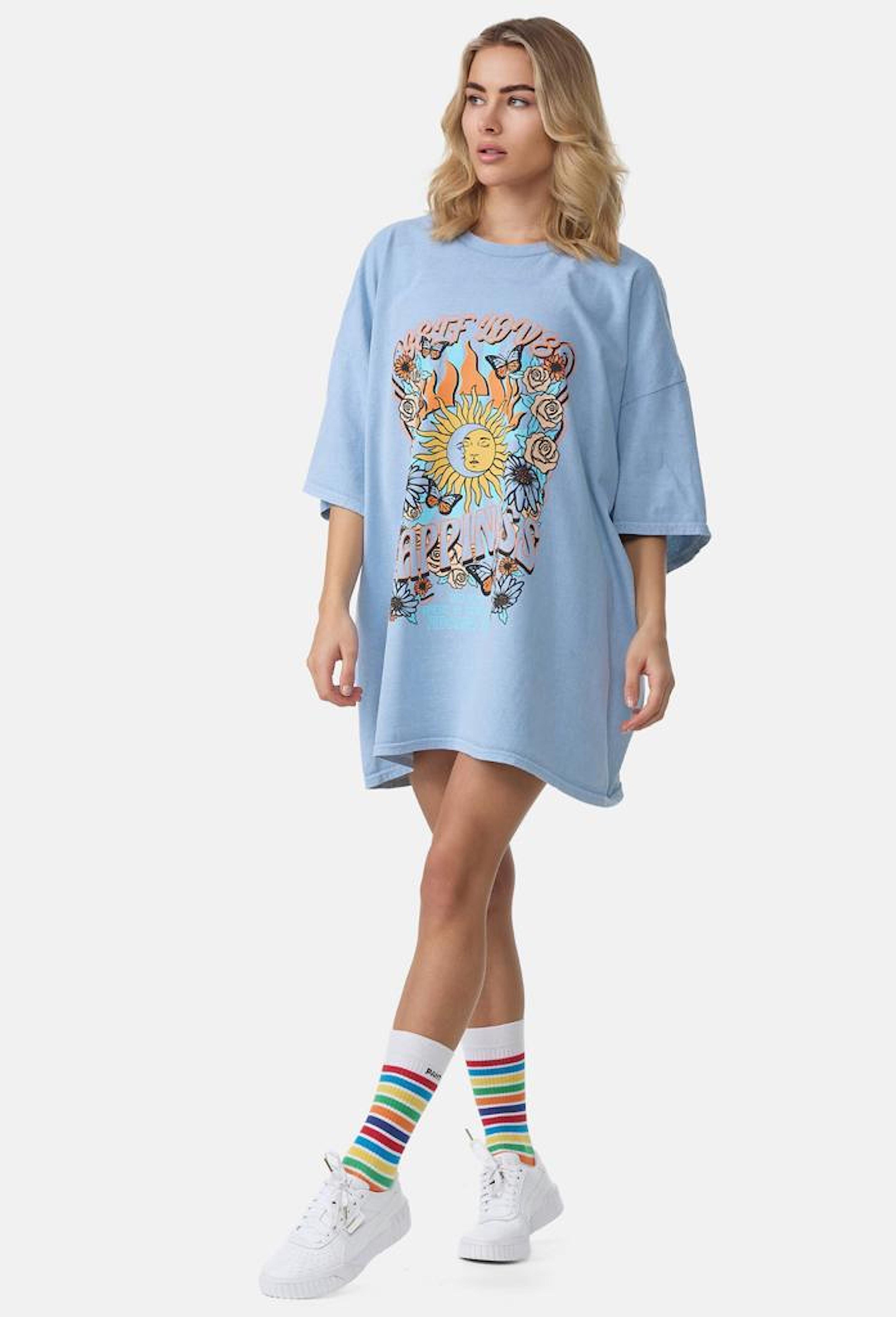 Tee Blau T-Shirt Worldclassca T-Shirt Oberteil lang Worldclassca Front Sommer Print Oversized