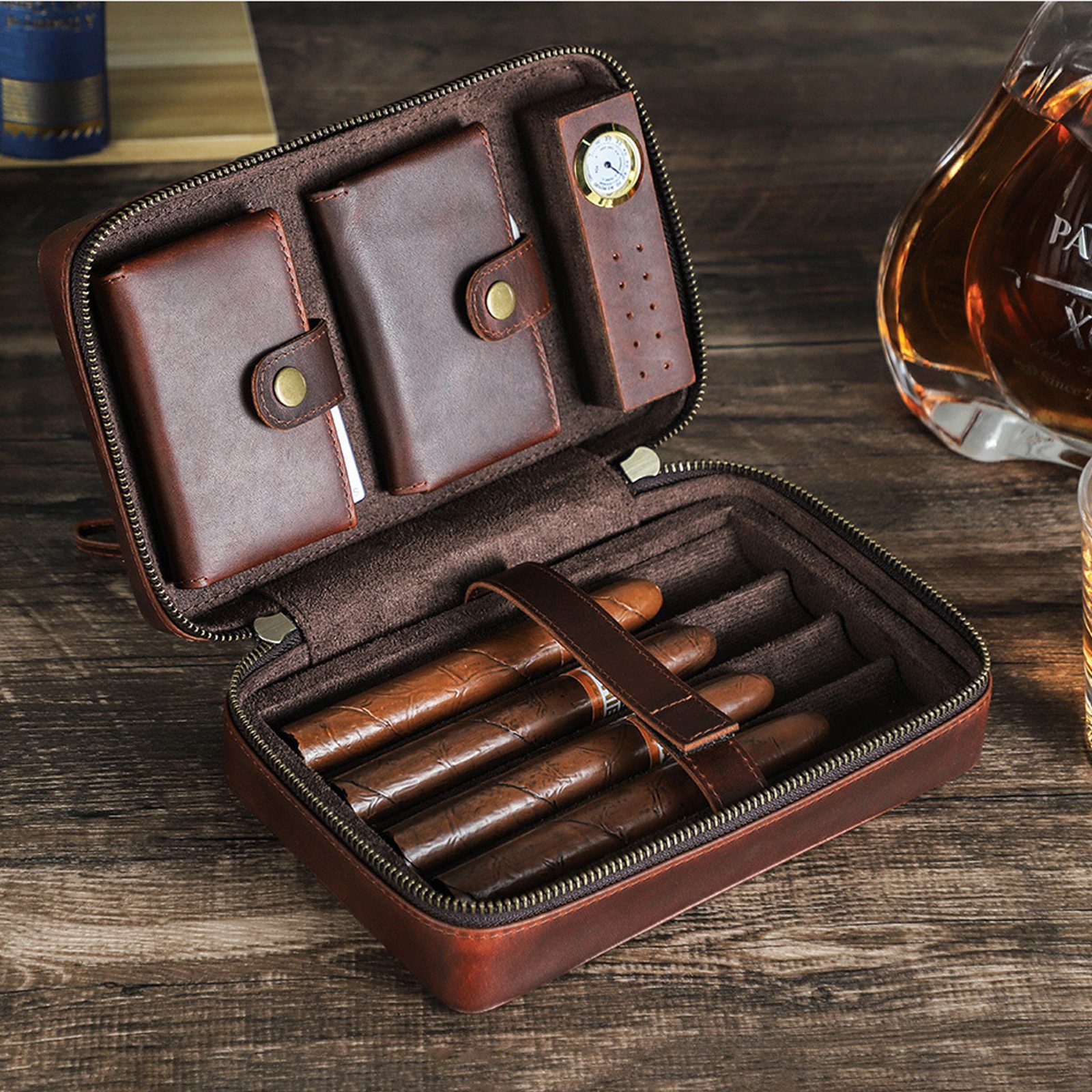 Tabakbeutel Vintage Leder Zigarrenetui 4 Steckplätze mit Handschlaufe Reisehumidor