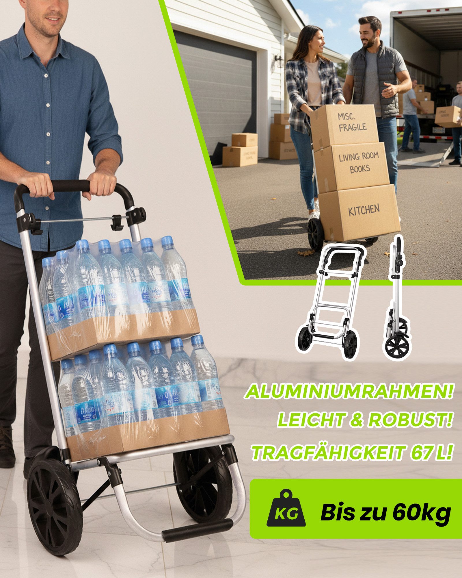 Oak&Tea Einkaufstrolley 3 in 1 Klappbarer Einkaufswagen mit Kühlfach, 67 l, Faltbarer Transportwagen, Wasserdicht, Rucksackfunktion bis 60KG – Bild 4 von 5