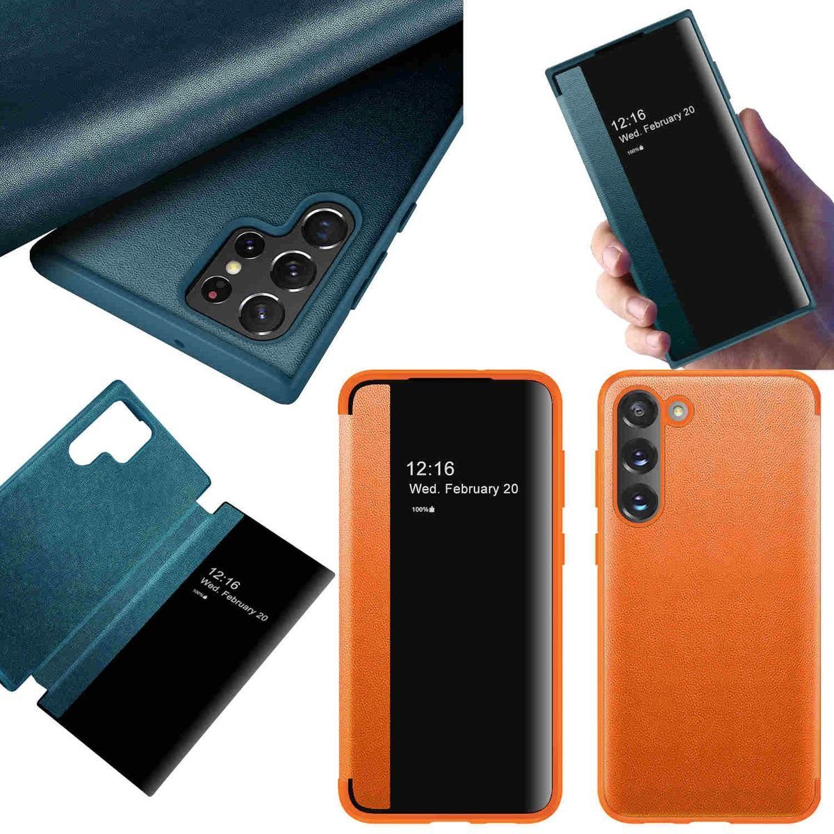 Handyhülle Für Samsung Galaxy S23 Plus 5G View Mirror Smartcover Orange Schutzhülle Cover Etuis Tasche Hülle Neu Case Wake UP Funktion