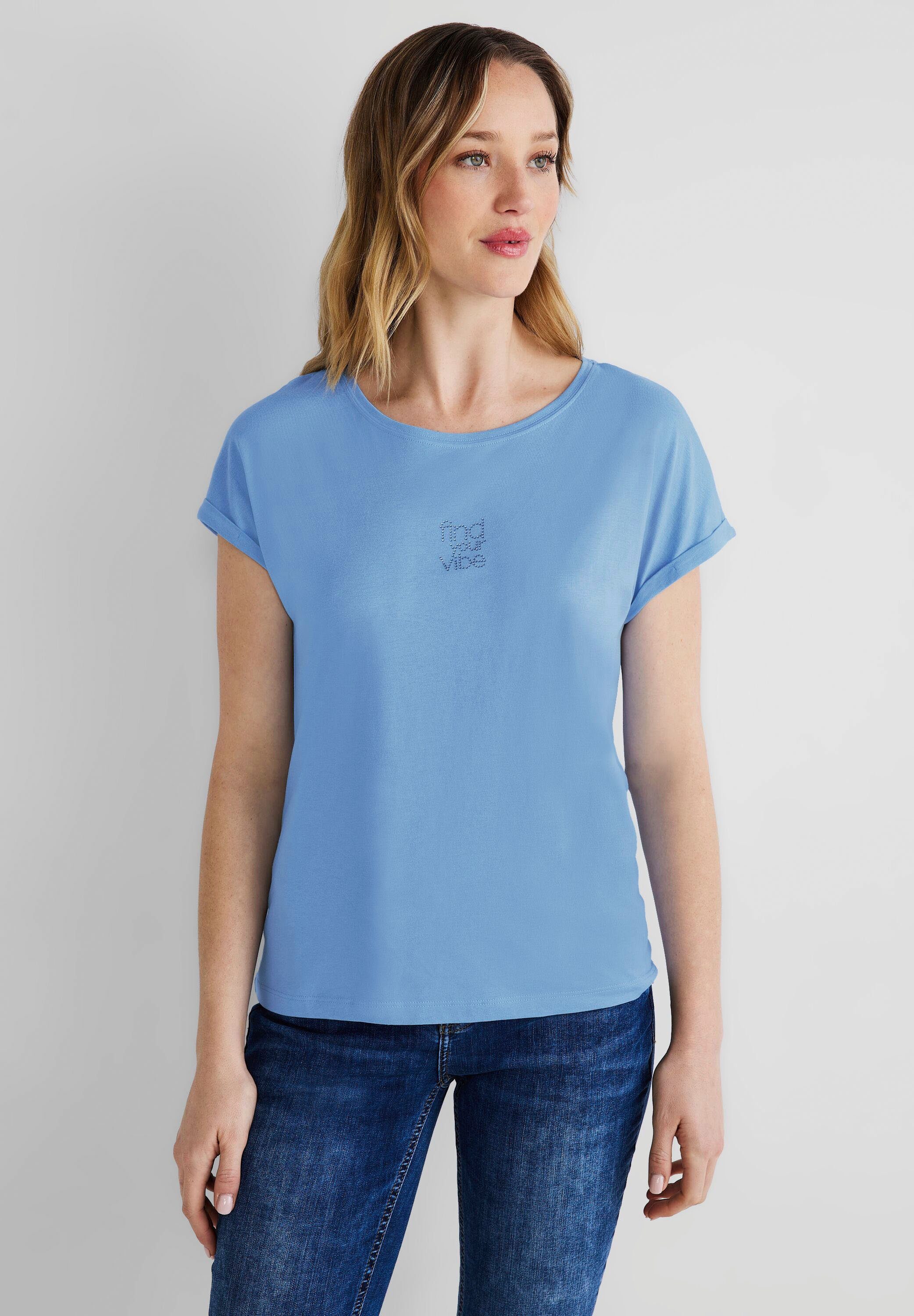 STREET ONE Rundhalsshirt mit Steinchen Wording bay blue | T-Shirts