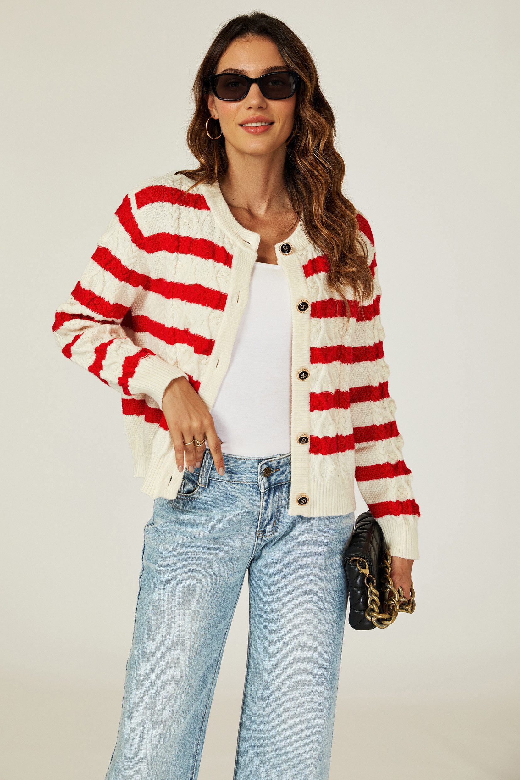 FS Collection Strickjacke Strickjacke Cardigan mit Streifenmuster aus Wollm günstig online kaufen