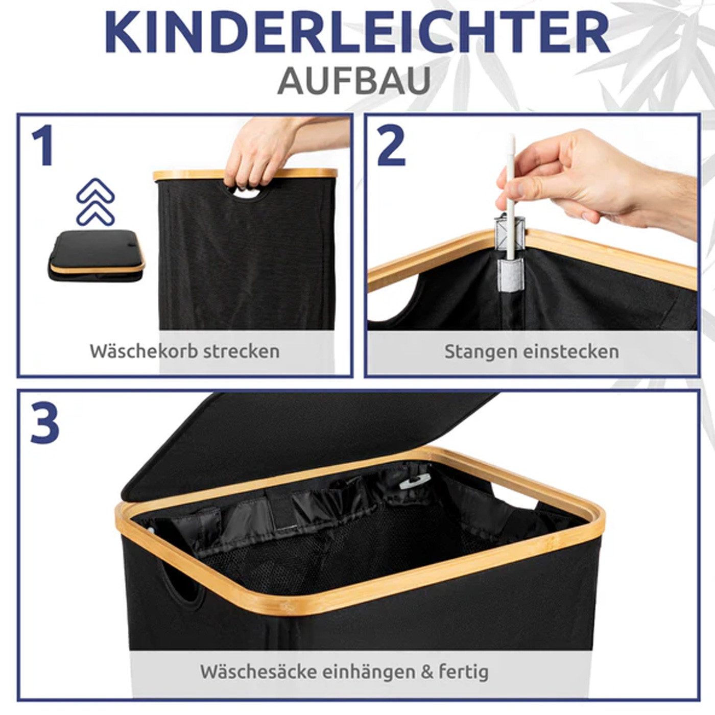 Möbel Akut Wäschekorb Hochwertiger Wäschekorb schwarz 140 L Stoff 2 Fächer – Bild 4 von 5