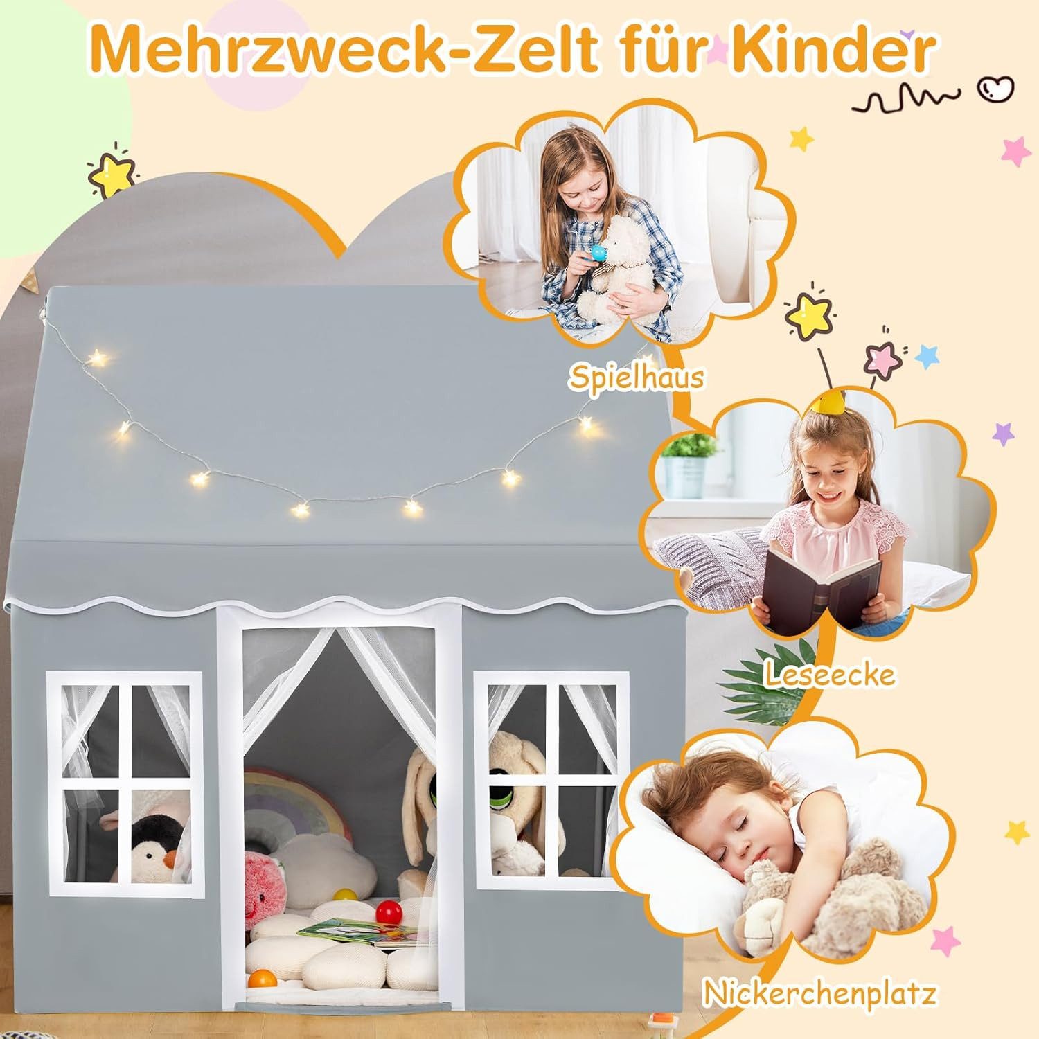 KOMFOTTEU Spielzelt Kinderspielhaus Kinderzelt mit Sternenlichtern & Matte günstig online kaufen