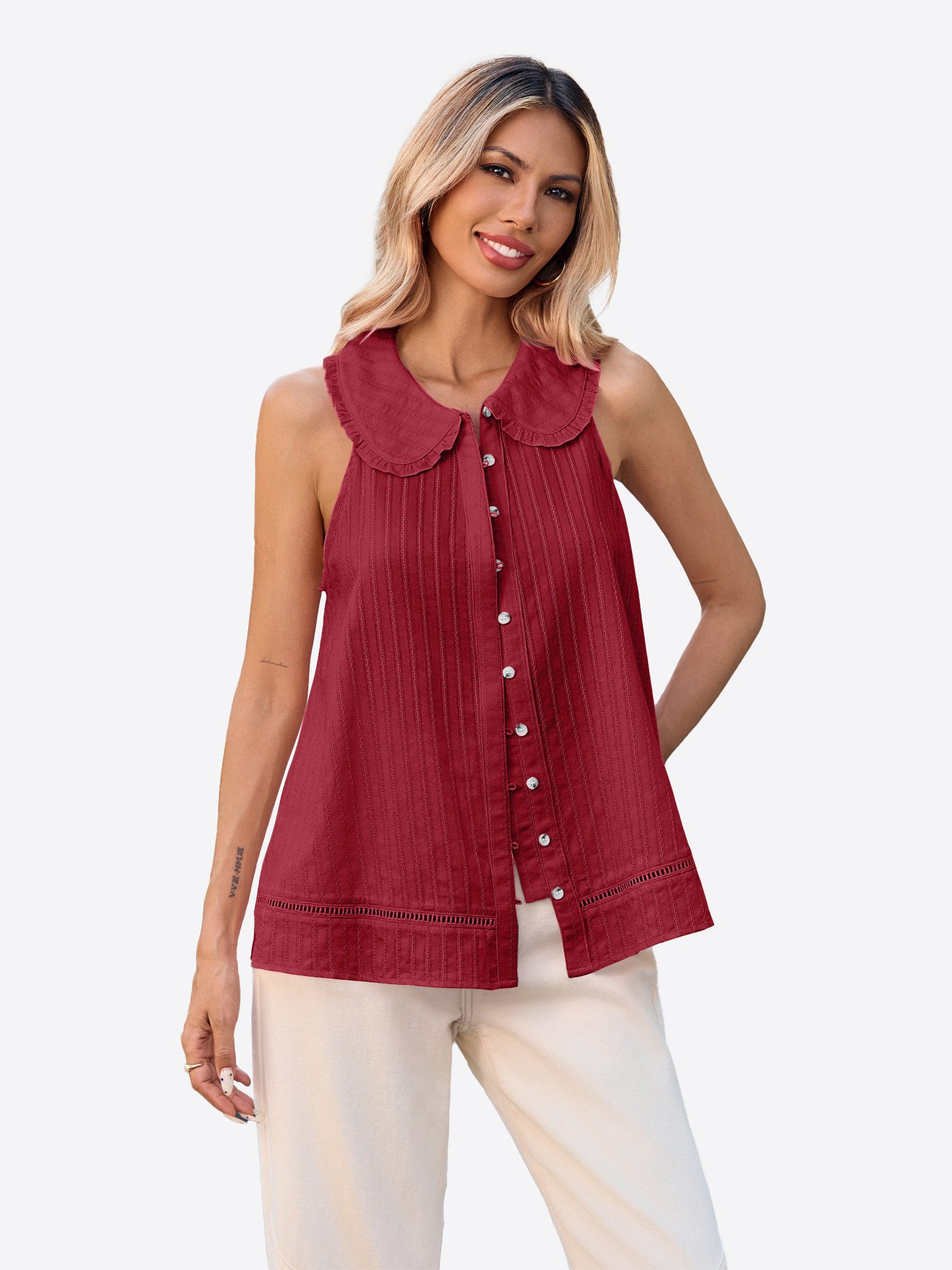 Imily Bela Blusentop Damen ärmellose Bluse mit Knopfleiste (Packung, 1-tlg., 1per-Pack) Puppenkragen