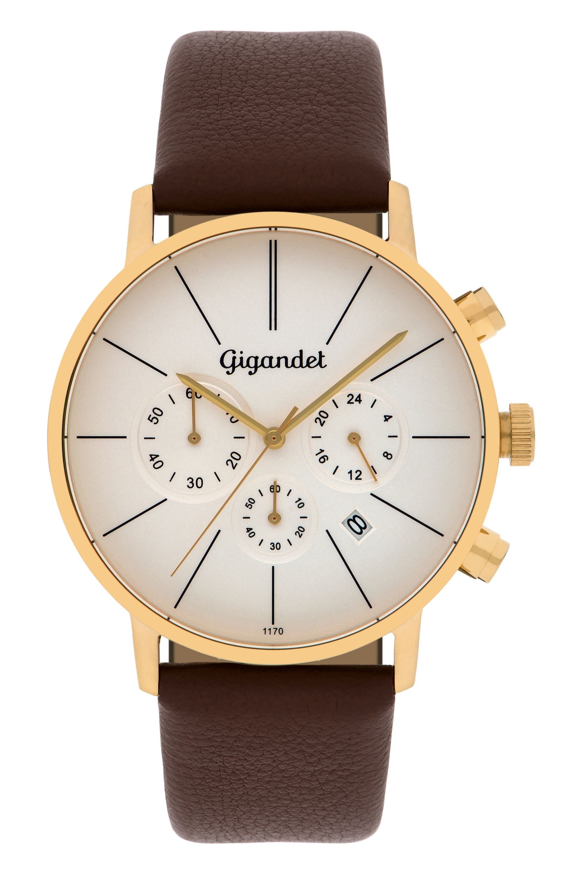 Gigandet Chronograph MINIMALISM Armbanduhr Uhr Damenuhr Herrenuhr Unisex weiß gold braun G32-003, Lederarmband, Edelstahlgehäuse, 3ATM wasserdicht, Modell G32-003