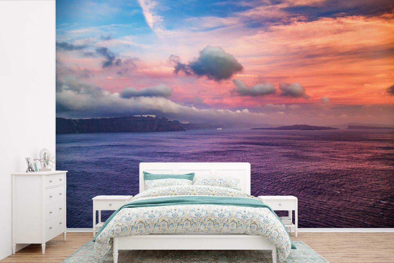 MuchoWow Fototapete Santorini Griechenland bei Tapete Kinderzimmer, Sonnenuntergang, (6 Matt, Vinyl St), Wohnzimmer, Wallpaper bedruckt, Schlafzimmer, für
