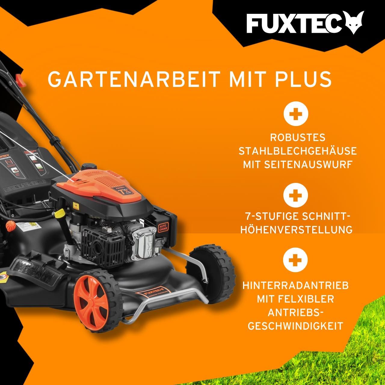 FUXTEC Benzinrasenmäher FX-RM5396esPro, 52,5 cm Schnittbreite, 53 cm Schnittbreite, 70 L Fangkorb, 4in1, Auto-Choke, E-Start, 5,3 PS