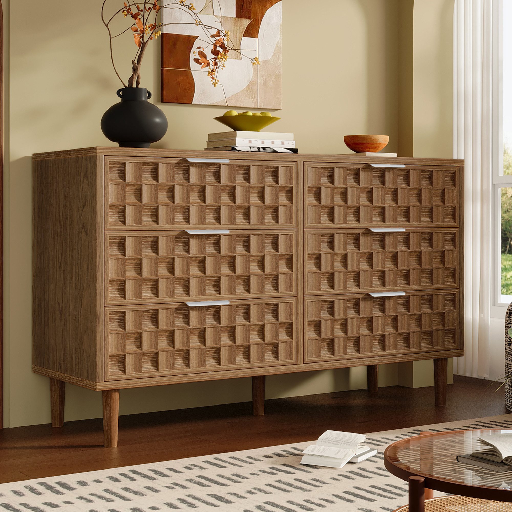 Flieks Kommode mit 6 Schubladen & Metallgriffen, im Schokoladenwaffel-Design (120x37x77 cm, 1 St., Multifunktionsschrank für Wohnzimmer, Schlafzimmer, Esszimmer), Sideboard Mehrzweckschrank Anrichte Walnussholzfarbe, Holzbeine