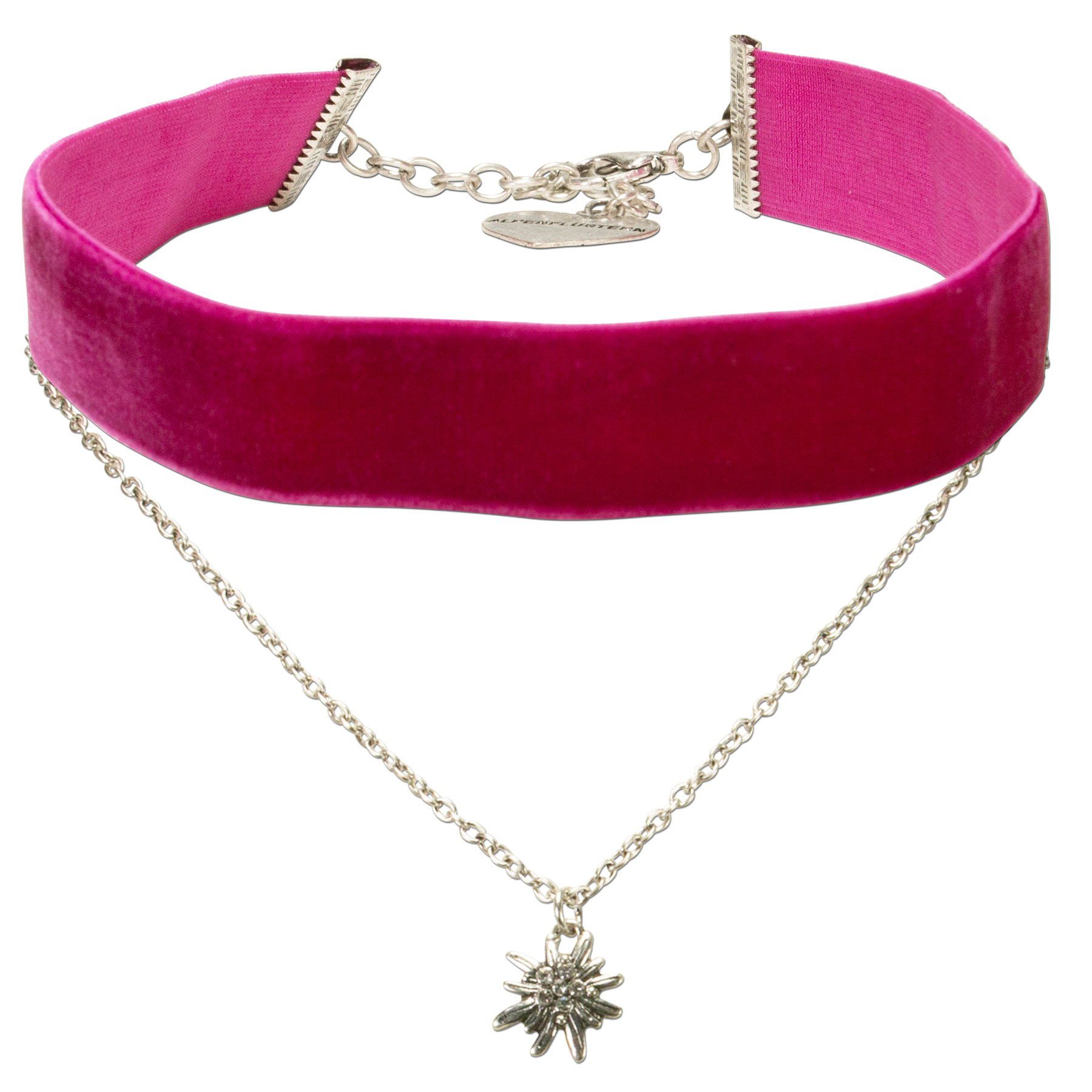 Alpenflüstern Choker Trachten-Samt-Kropfband Strass-Edelweiß-Kette (pink-fuchsia), - nostalgische Trachtenkette enganliegend, Kropfkette elastisch, Damen-Trachtenschmuck, Samtkropfband breit