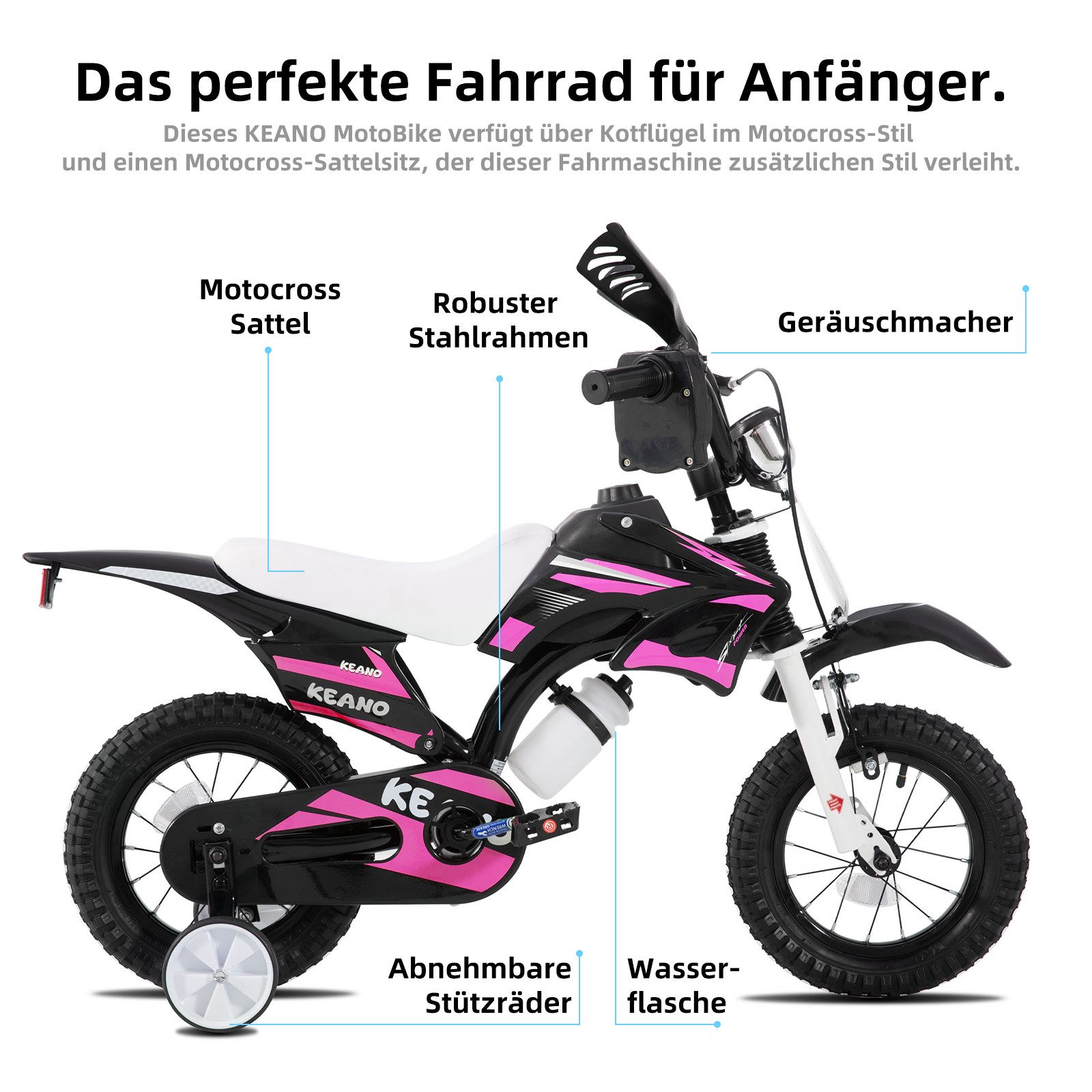 JOYSTAR Kinderfahrrad 12/16 Zoll fahrrad im Motorradstil für 3-8 Jahren Jungen und Mädchen, mit Stützrädern, Getränkehalter und Schutzblechen