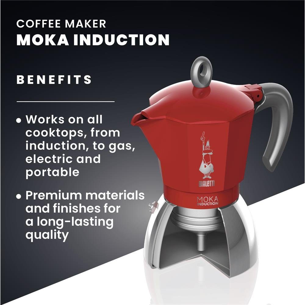 für / Induktion 4 Moka Aluminium Herd Tassen, und für New BIALETTI 0,15l Camping, vier Rot Espressokocher Kaffeekanne, aus Kaffeemaschine, Kaffeekocher, für Tassen, Stahl, geeignet,