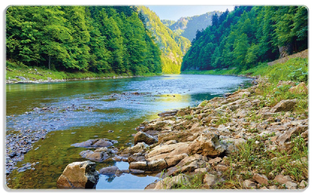 Wallario Frühstücksbrett Fluss in den Bergen an steinigem Ufer, ESG-Sicherheitsglas, (inkl. rutschfester Gummifüße 4mm, 1-St), 14x23cm