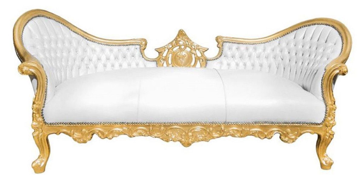 Casa Padrino Sofa Barock Sofa Vampire Weiß / Gold 200 x 75 x H. 82 cm - Handgefertigte Lounge Couch mit Lederoptik - Limited Edition - Barockmöbel