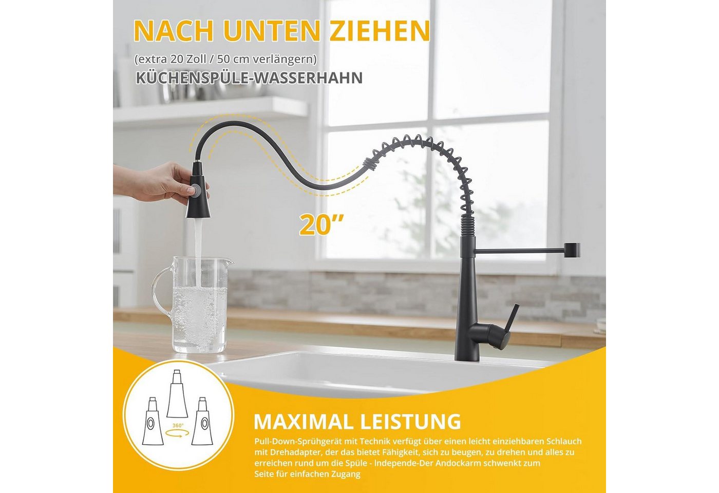 Thumbnail - LuxusKollektion Küchenarmatur Wasserhahn Küche Schwarz Hochdruck mit herausziehbarer Brause
