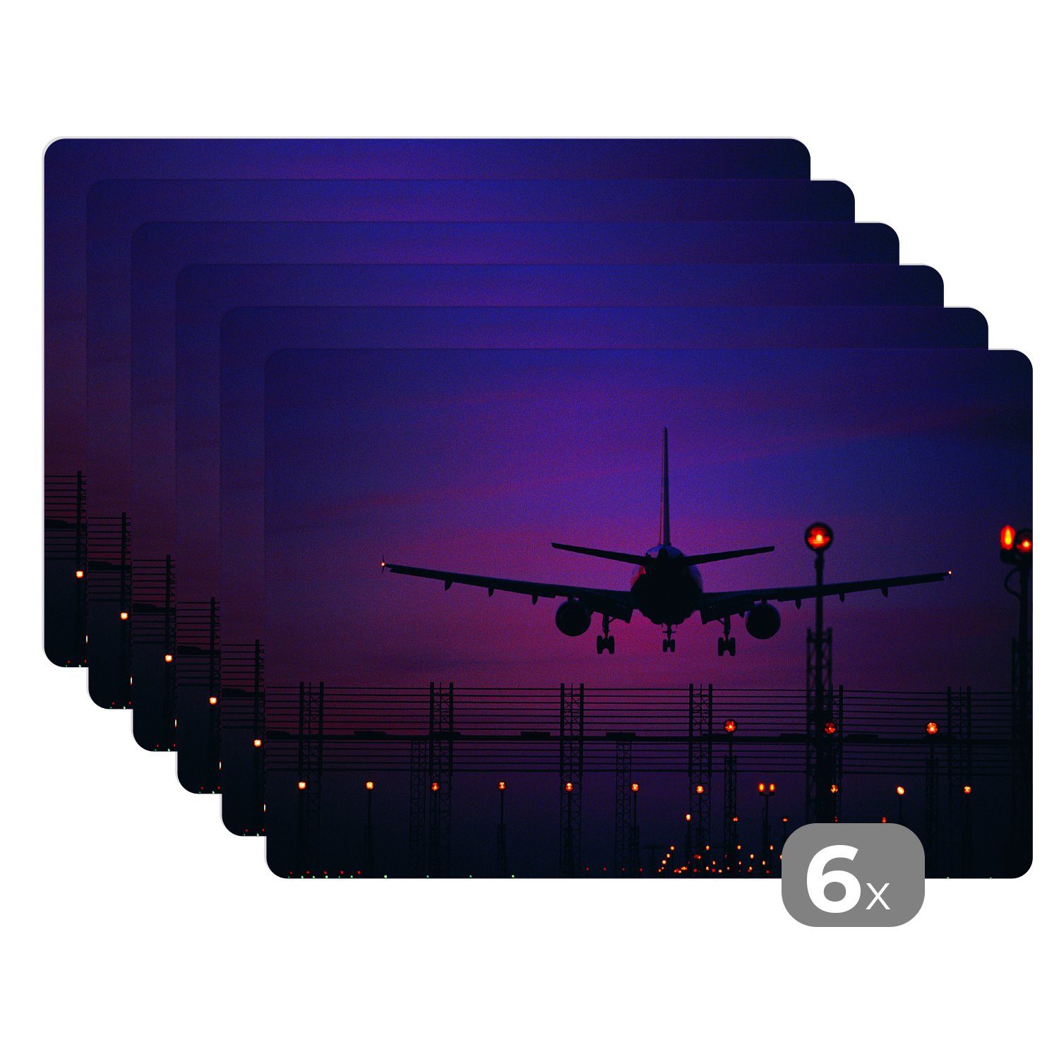 Platzset, Silhouette eines Flugzeugs in der Nacht, MuchoWow, (6-St), Platzset, Platzdecken, Platzmatte, Tischmatten, Schmutzabweisend | Tischsets