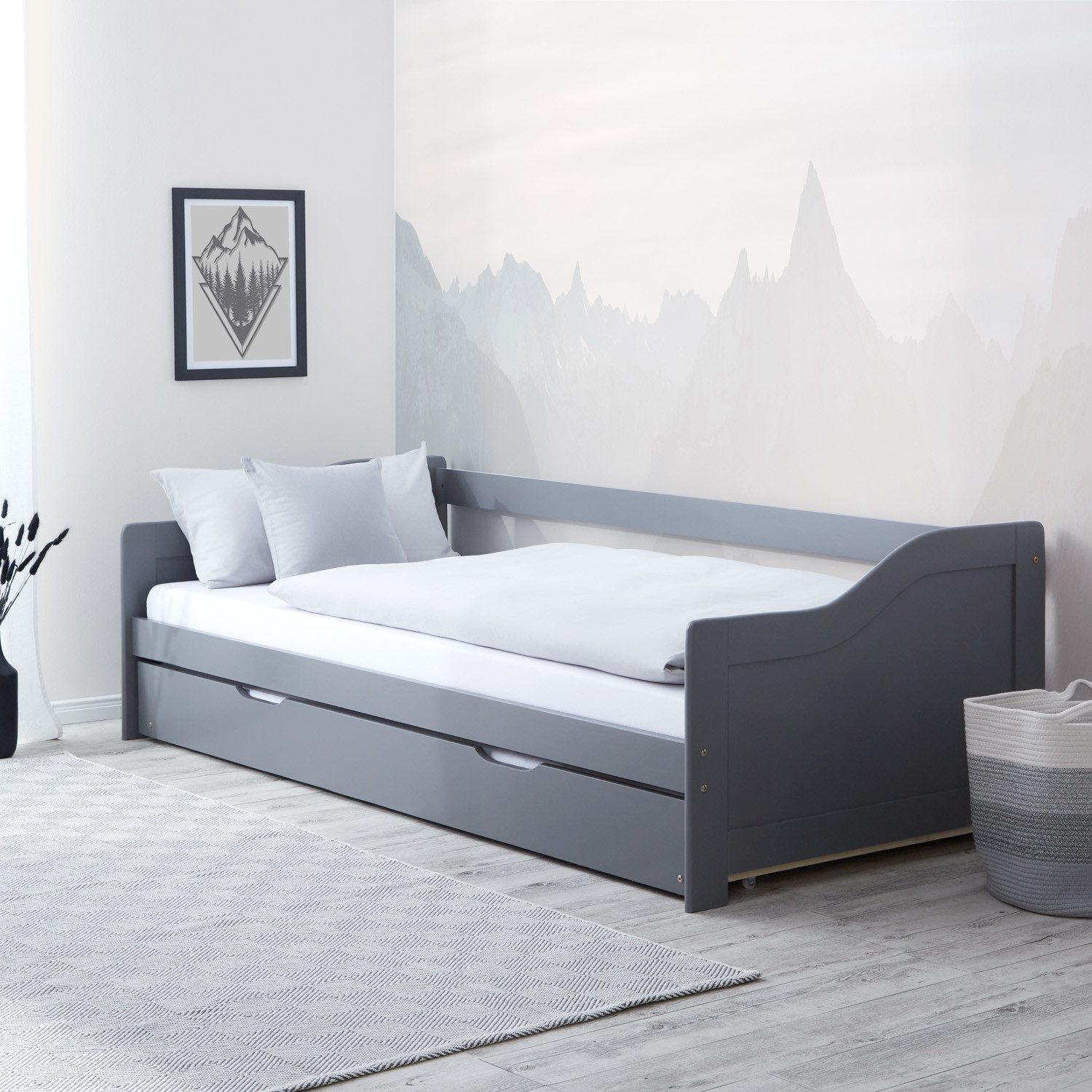 Holzbett 90x200 Kinderbett Ausziehbett Weiß Grau 2 Liegeflächen Gästebett Holz