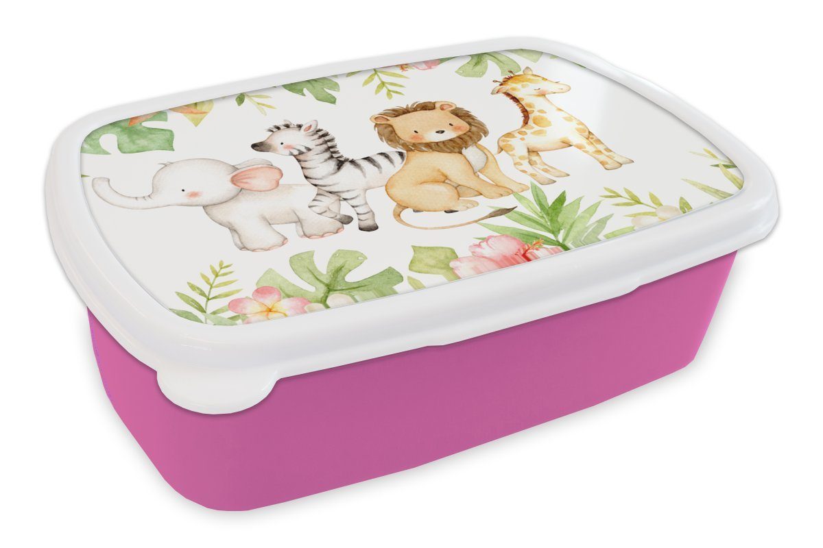 MuchoWow Lunchbox Dschungel - Tiere - Aquarellfarbe, Kunststoff, (2-tlg), Brotbox für Erwachsene, Brotdose Kinder, Snackbox, Mädchen, Kunststoff rosa