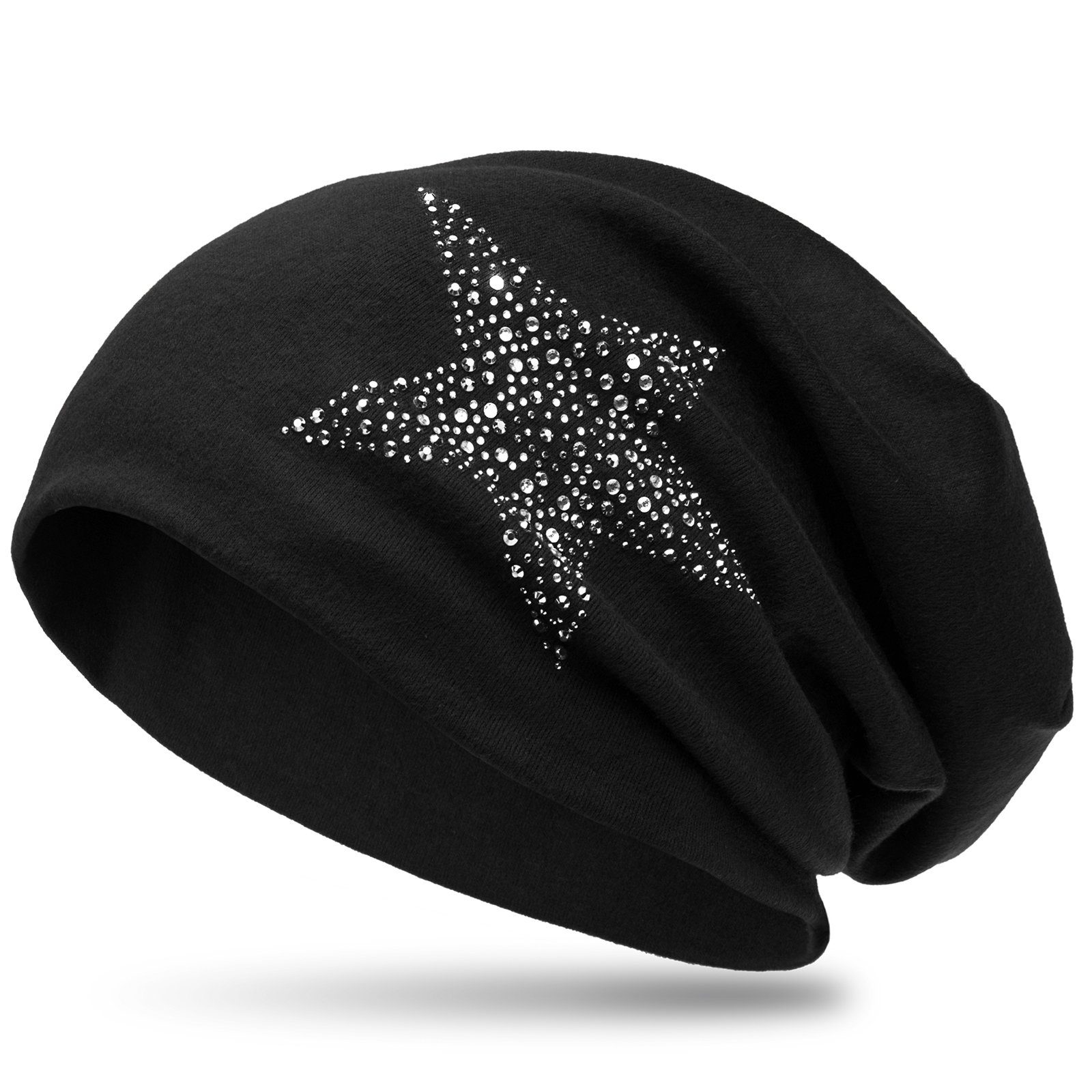 Beanie Strass Stoff mit Caspar Stern und Flanell Mütze schwarz MU153 warmem